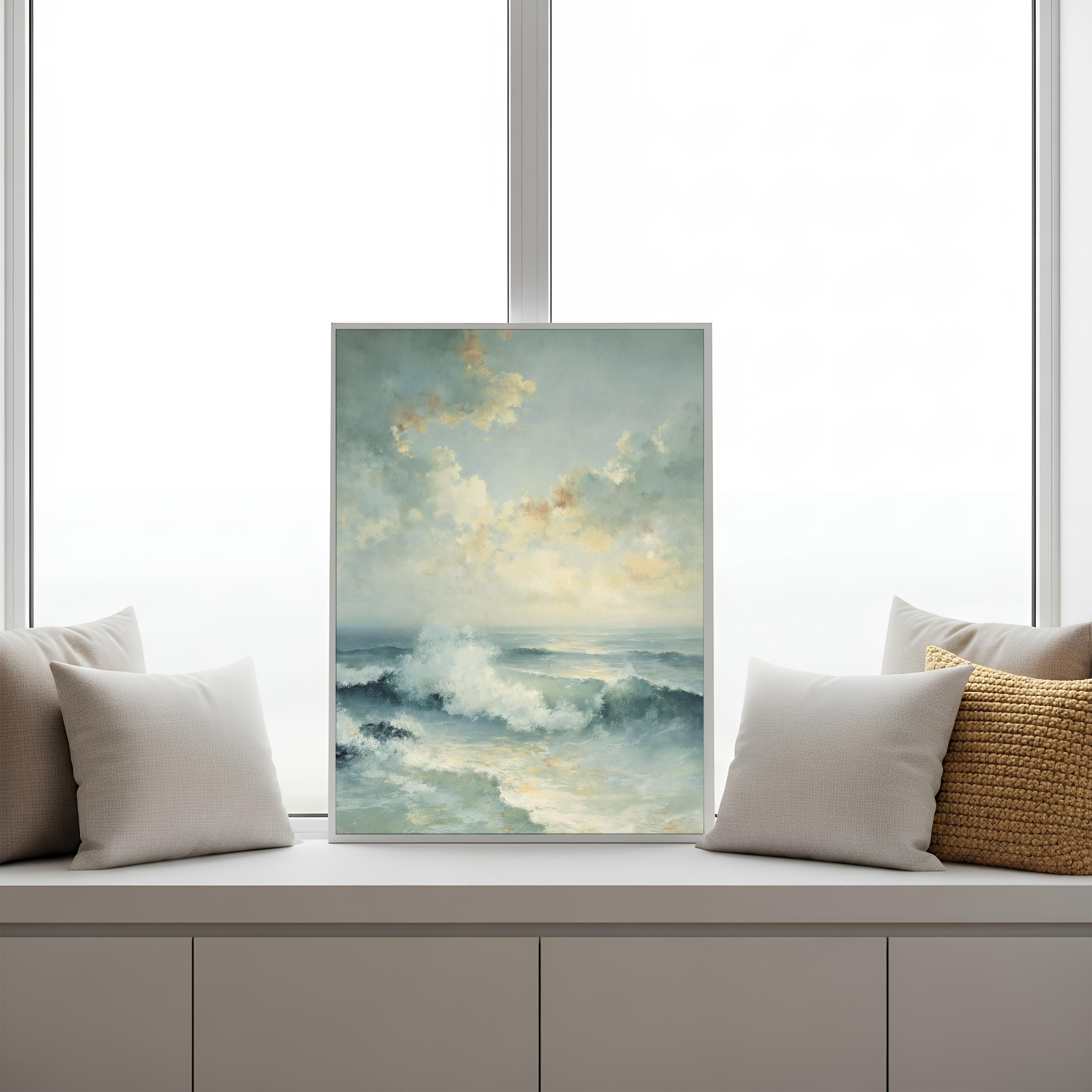 Coastal Seascape Wall Art Canvas, Ocean Waves Print, Beach House Decor, Soft Blue Ocean Art, Modern Coastal Farmhouse Wall Art