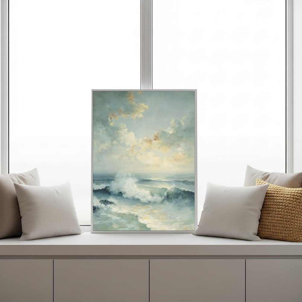 Coastal Seascape Wall Art Canvas, Ocean Waves Print, Beach House Decor, Soft Blue Ocean Art, Modern Coastal Farmhouse Wall Art