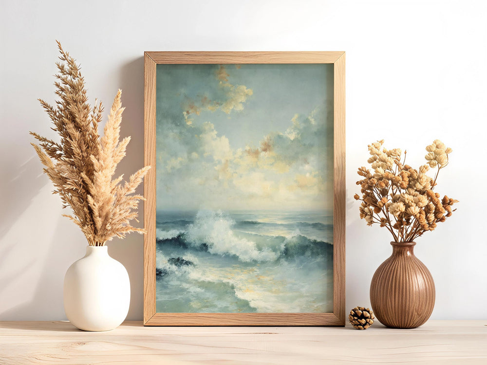 Coastal Seascape Wall Art Canvas, Ocean Waves Print, Beach House Decor, Soft Blue Ocean Art, Modern Coastal Farmhouse Wall Art