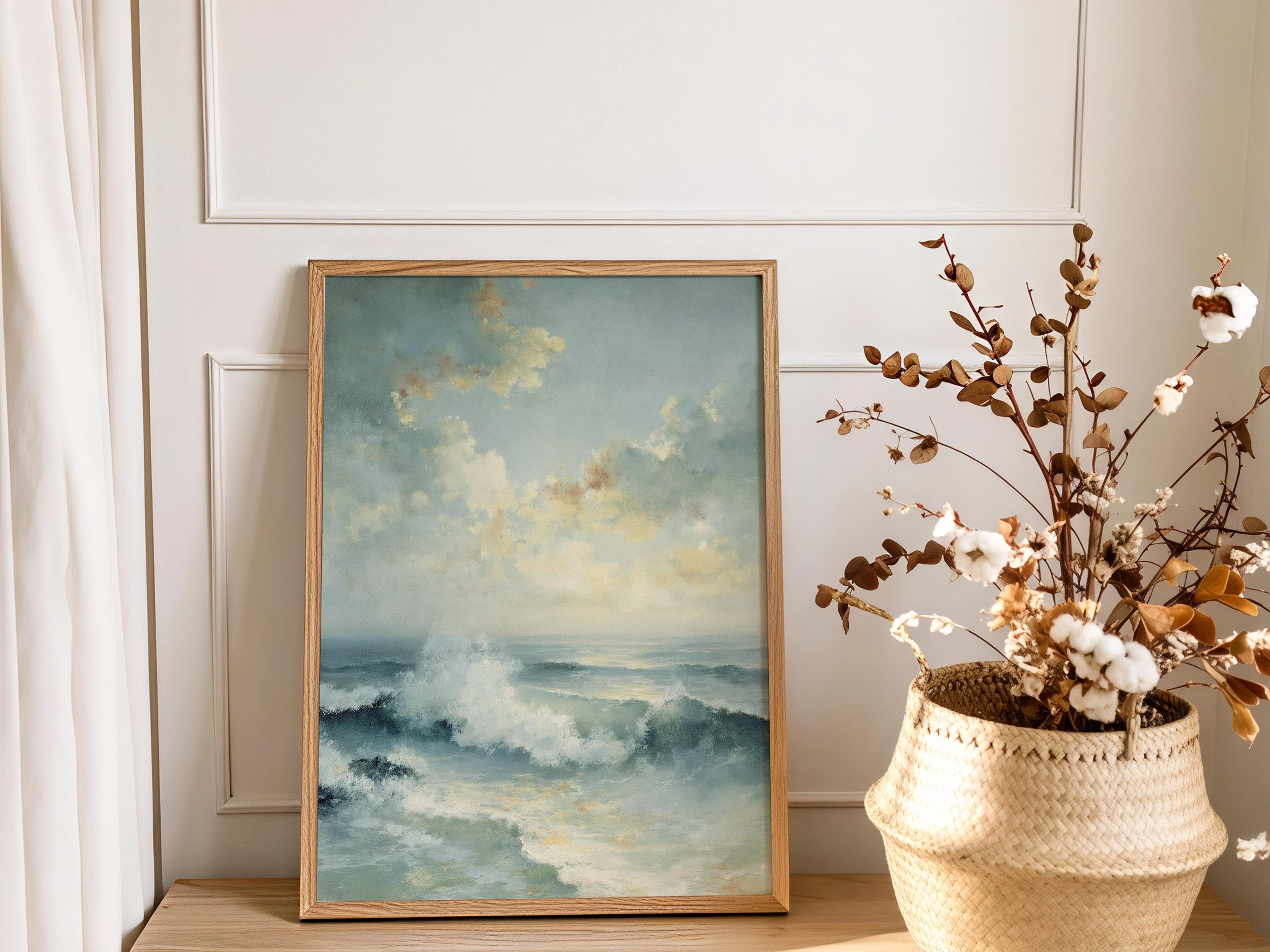 Coastal Seascape Wall Art Canvas, Ocean Waves Print, Beach House Decor, Soft Blue Ocean Art, Modern Coastal Farmhouse Wall Art