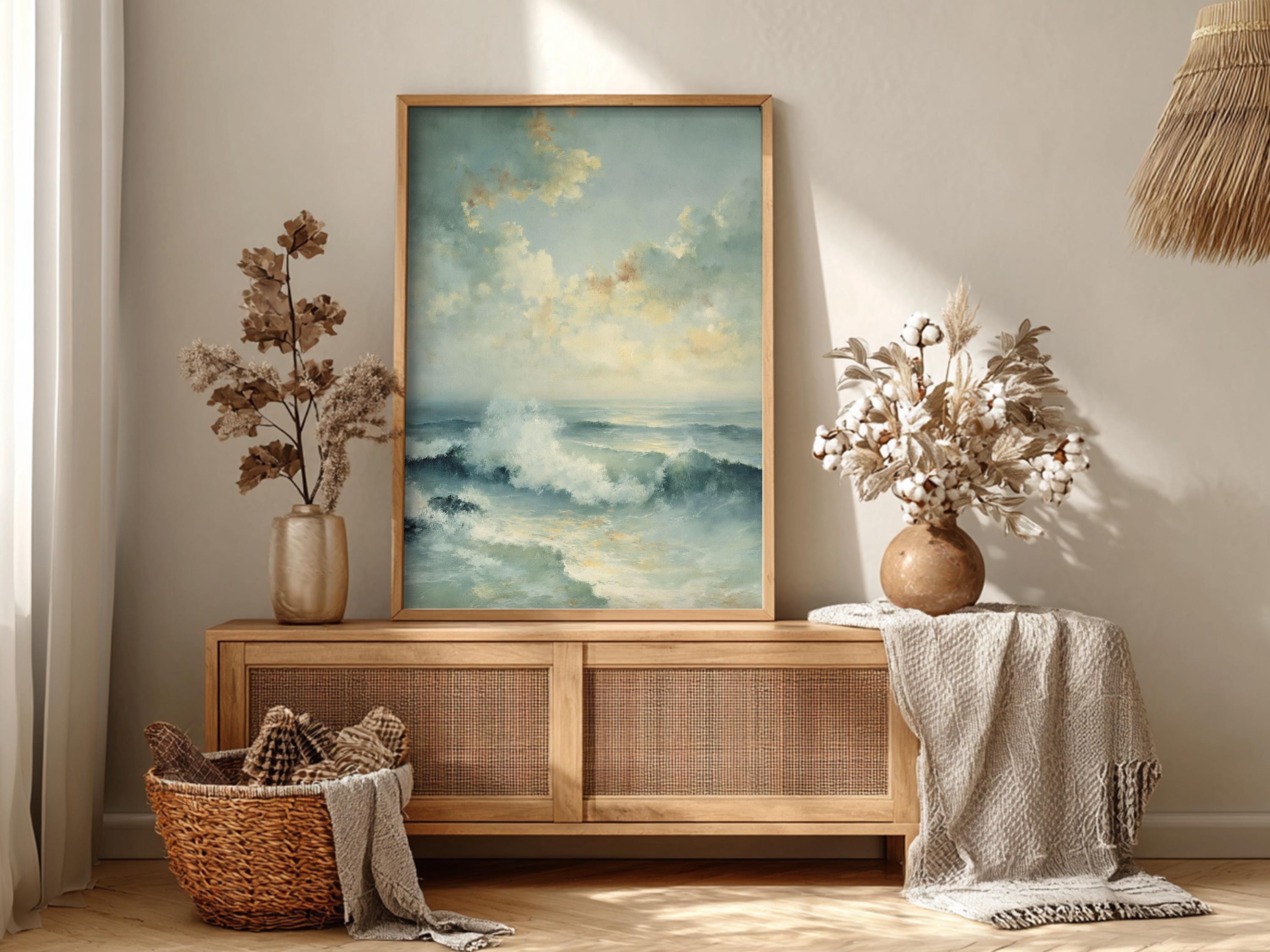 Coastal Seascape Wall Art Canvas, Ocean Waves Print, Beach House Decor, Soft Blue Ocean Art, Modern Coastal Farmhouse Wall Art