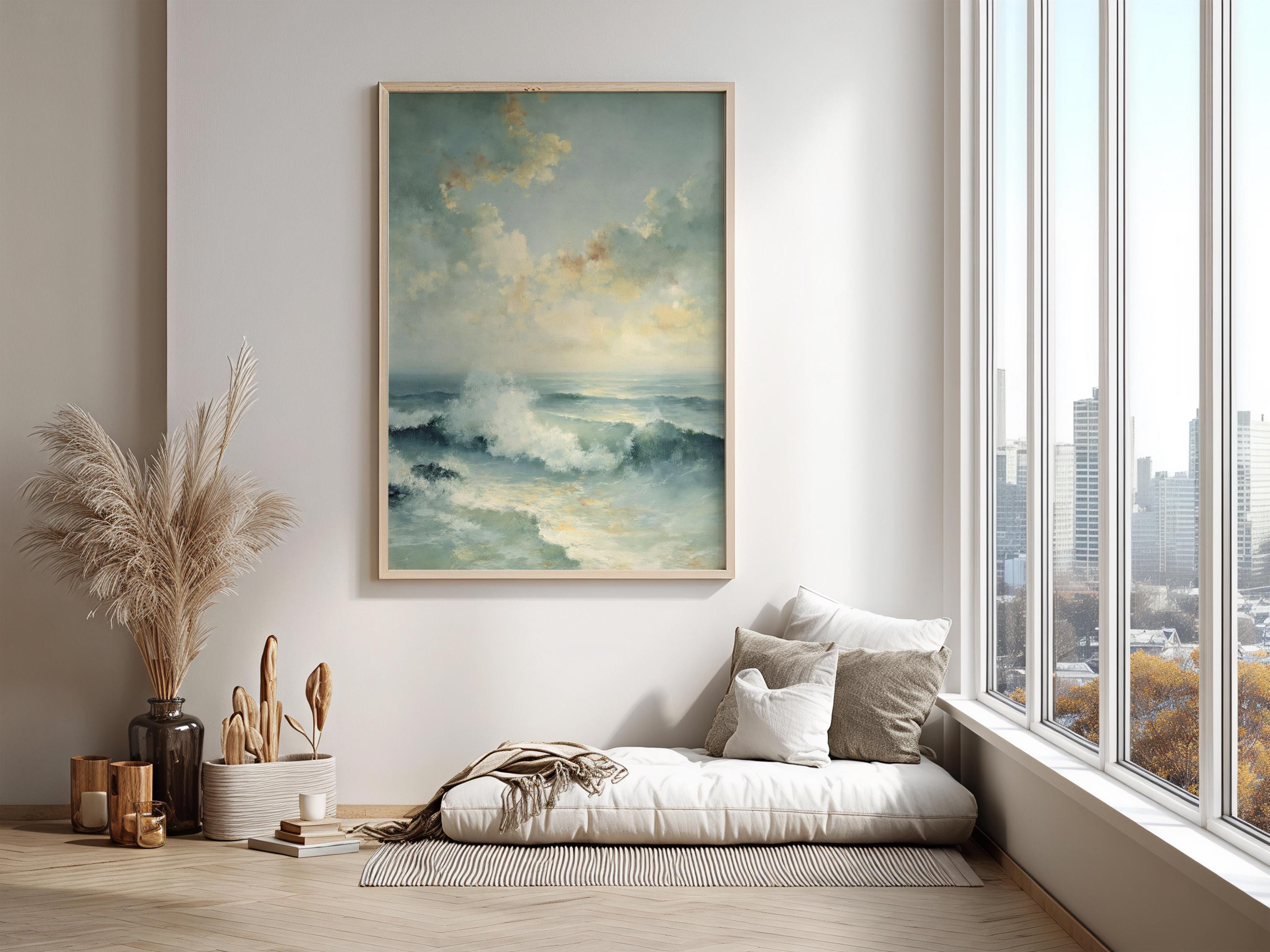 Coastal Seascape Wall Art Canvas, Ocean Waves Print, Beach House Decor, Soft Blue Ocean Art, Modern Coastal Farmhouse Wall Art
