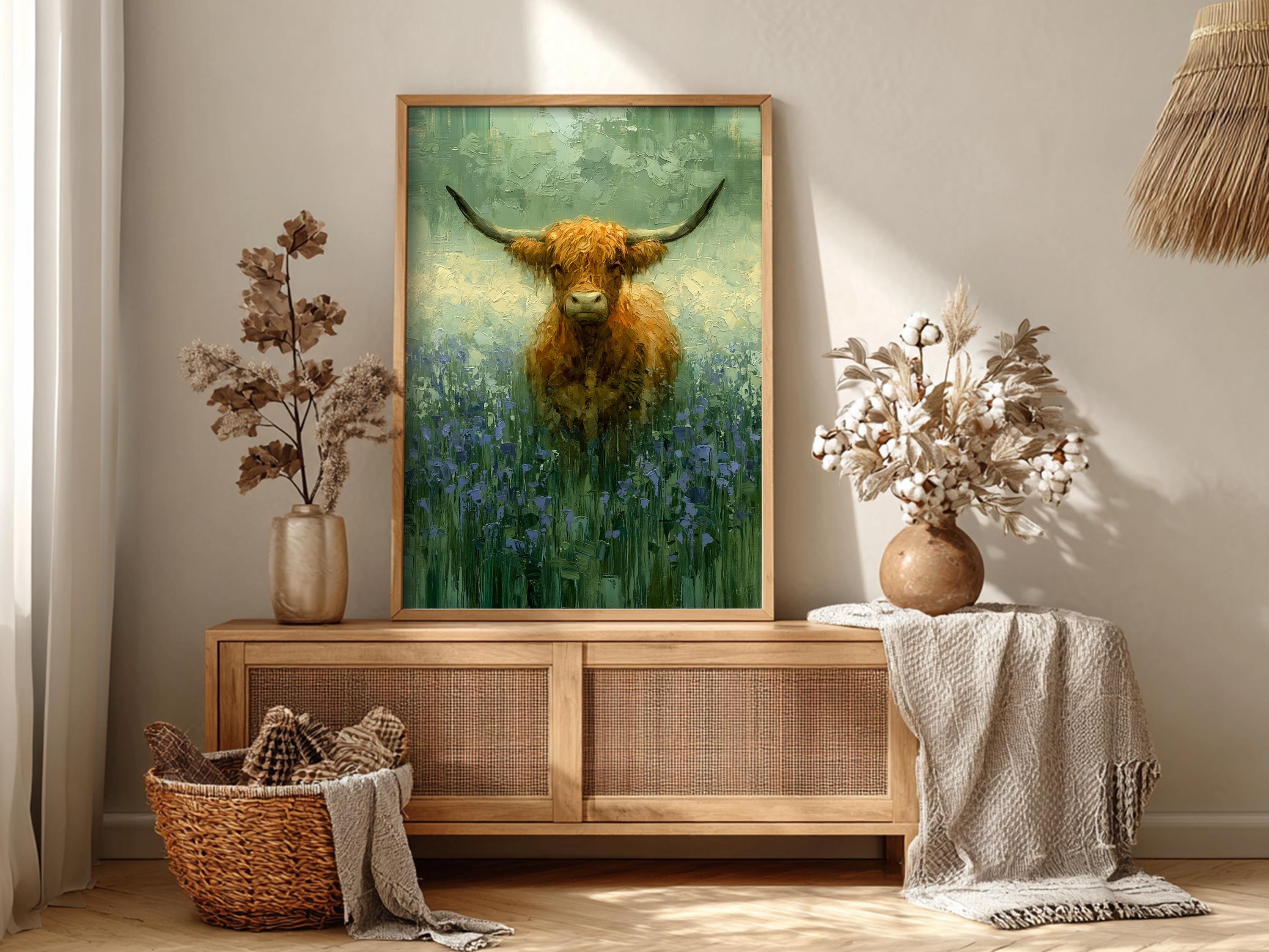 Highland Cow Wall Art Canvas, Rustic Farmhouse Animal Print, Country Cottage Decor, Farm Animal Wall Art