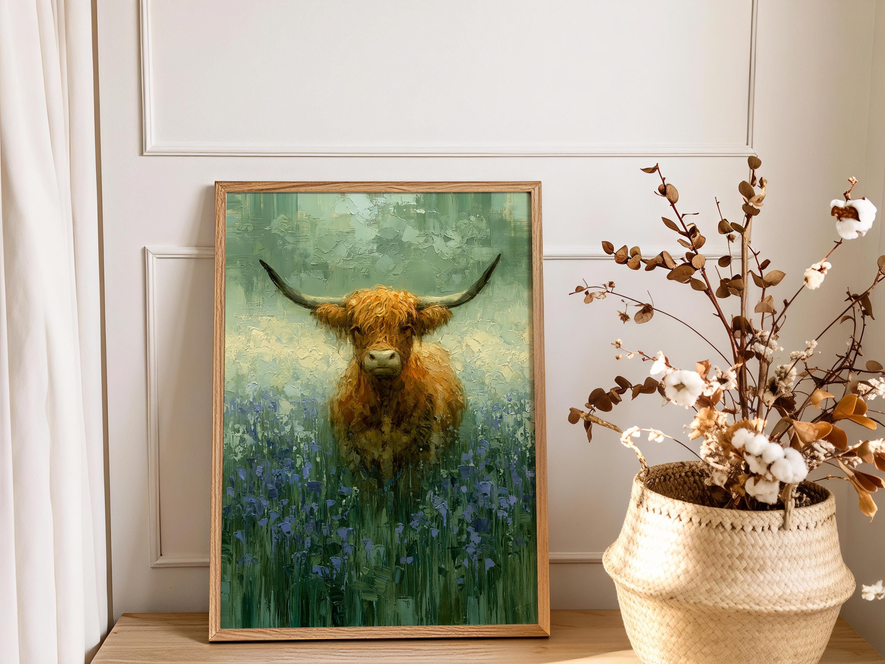 Highland Cow Wall Art Canvas, Rustic Farmhouse Animal Print, Country Cottage Decor, Farm Animal Wall Art