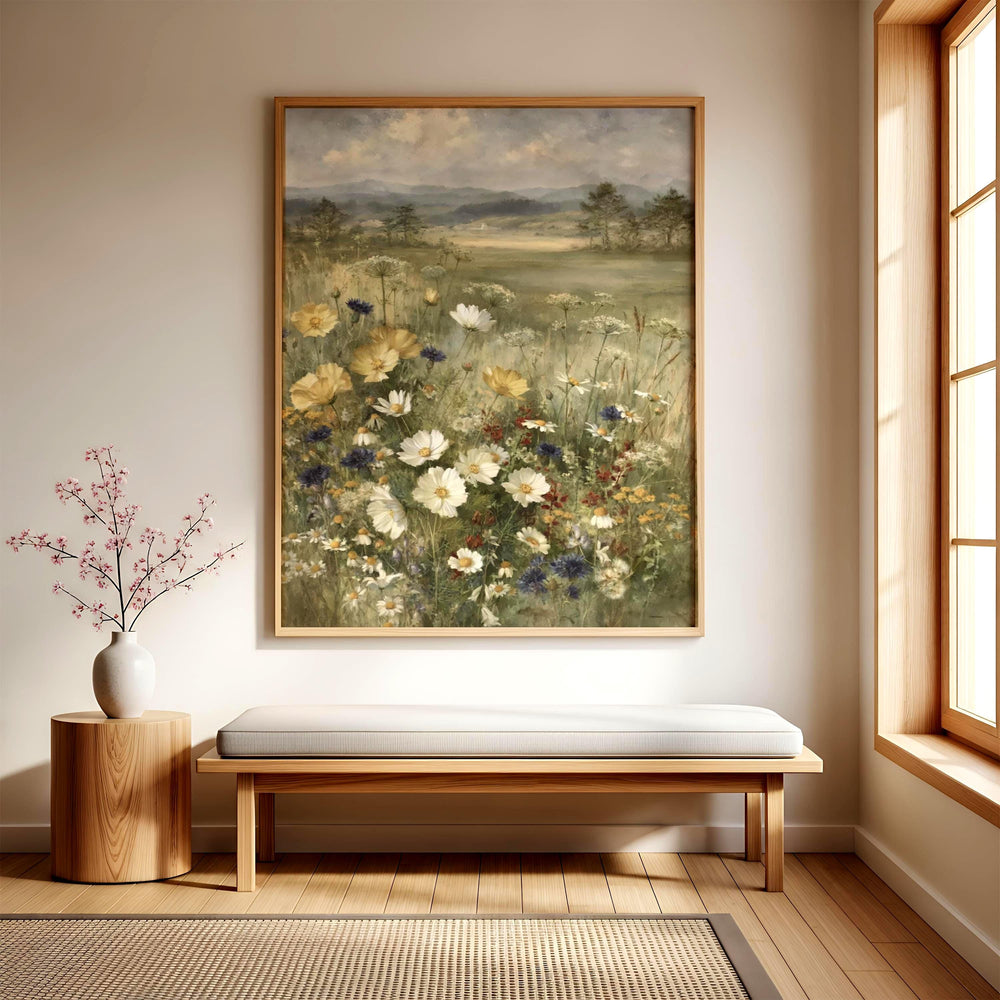 Wildflower Meadow Wall Art Canvas, Vintage Botanical Landscape Print, Rustic Cottage Field Flowers, Nature Inspired Home Decor