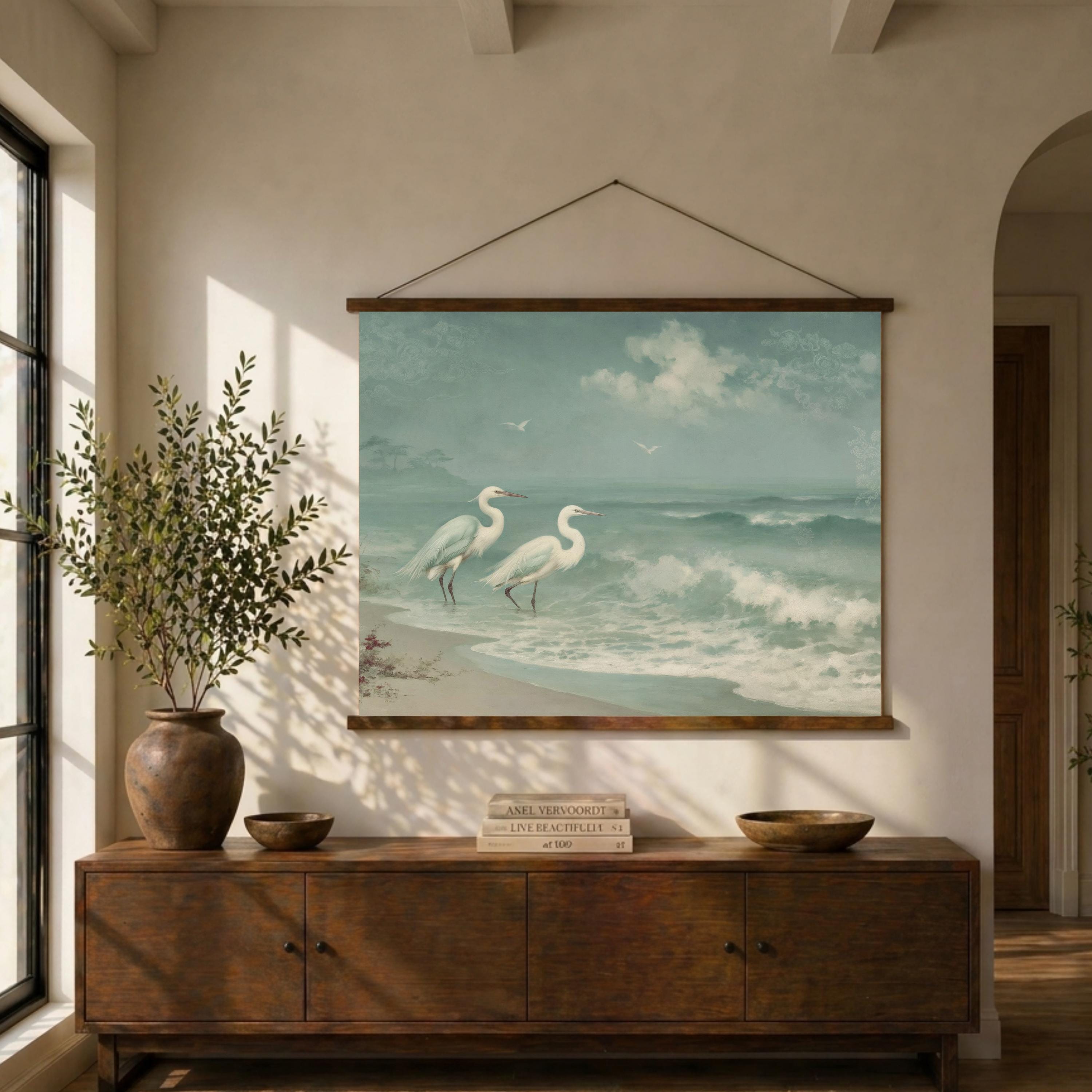 Coastal Egret Beach Tapestry Wall Hanging, Soft Teal Ocean Fabric Tapestry, Calm Shoreline Decor, Serene Coastal Room Accent