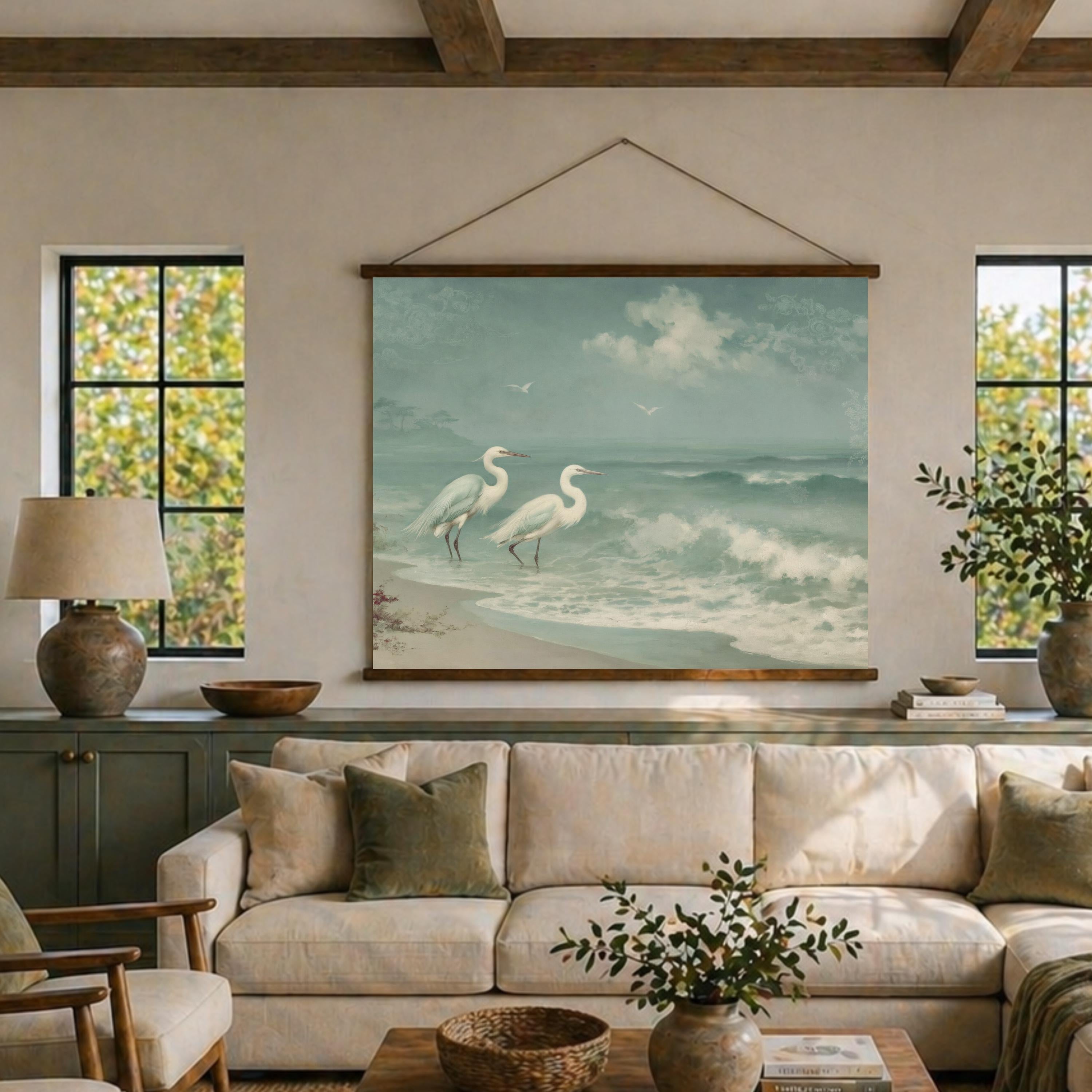 Coastal Egret Beach Tapestry Wall Hanging, Soft Teal Ocean Fabric Tapestry, Calm Shoreline Decor, Serene Coastal Room Accent