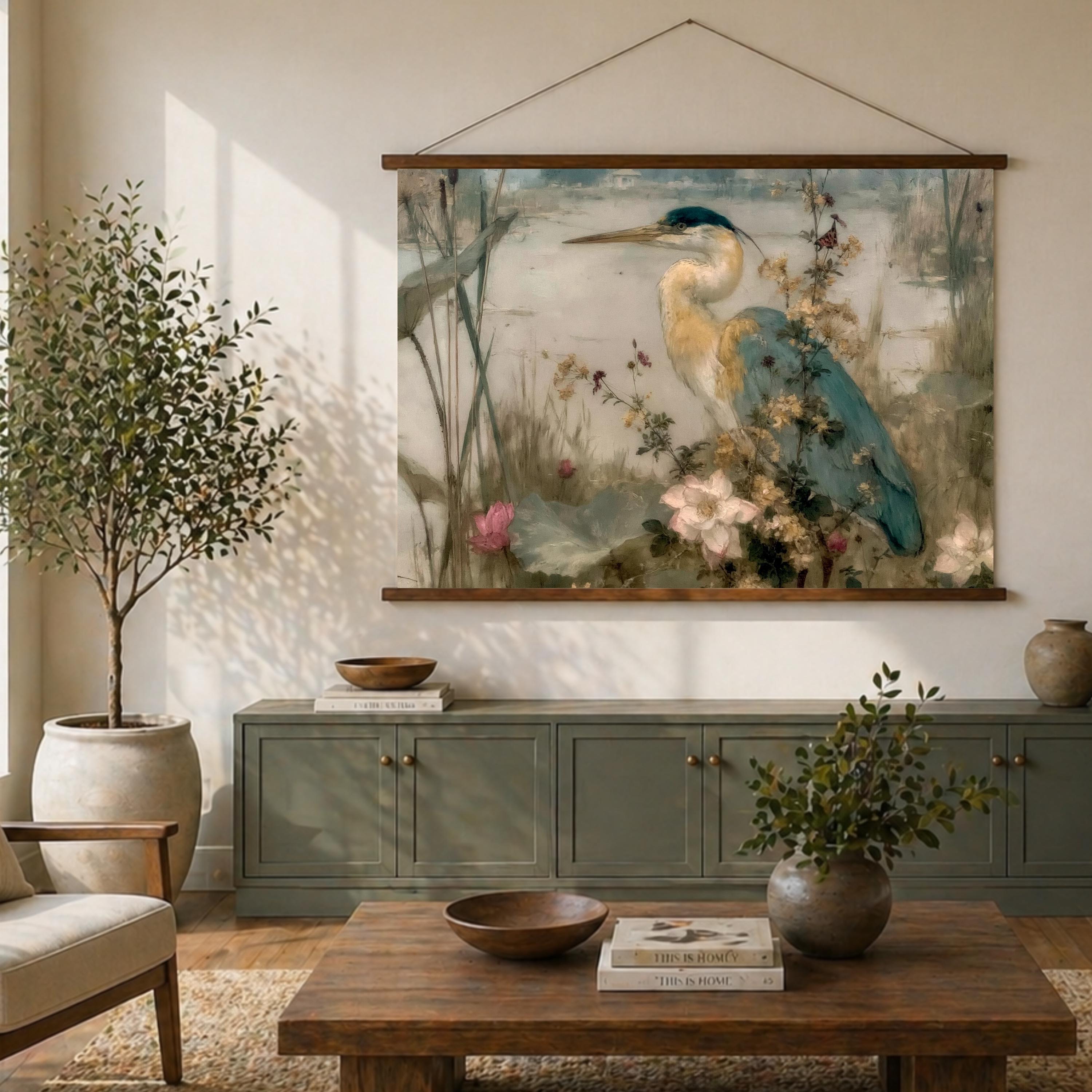 Heron Wetland Tapestry Wall Hanging, Marsh Bird Landscape Fabric Decor, Soft Nature Wildlife Wall Art, Neutral Lake Scene Decor