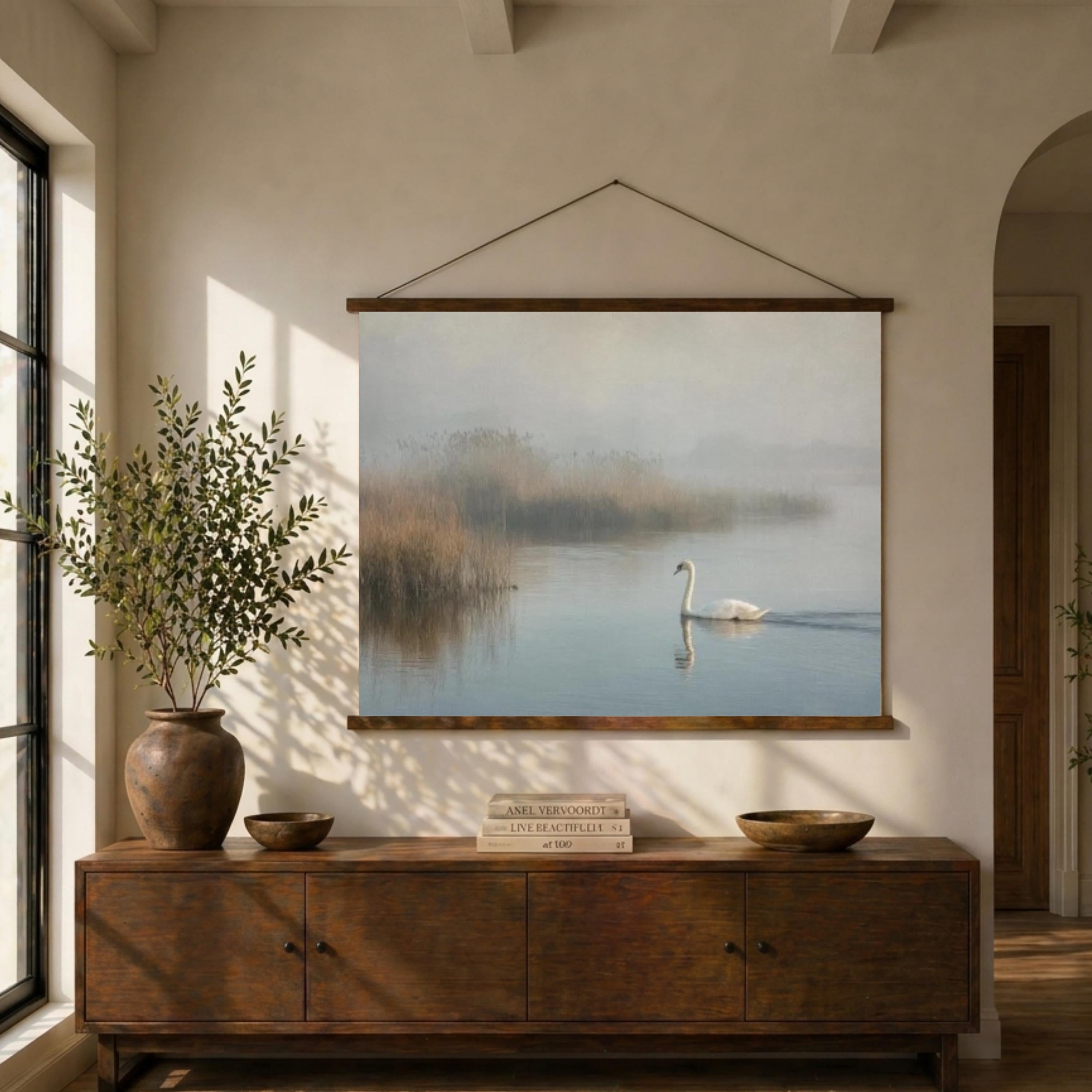 Misty Lake Swan Tapestry Wall Hanging, Foggy Water Landscape Fabric Decor, Calm Nature Wall Art, Neutral Serene Room Accent