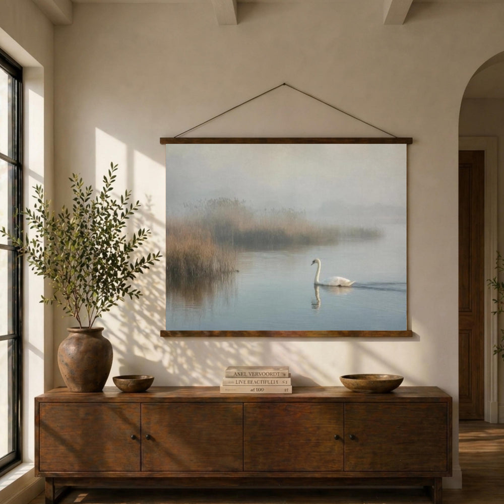 Misty Lake Swan Tapestry Wall Hanging, Foggy Water Landscape Fabric Decor, Calm Nature Wall Art, Neutral Serene Room Accent