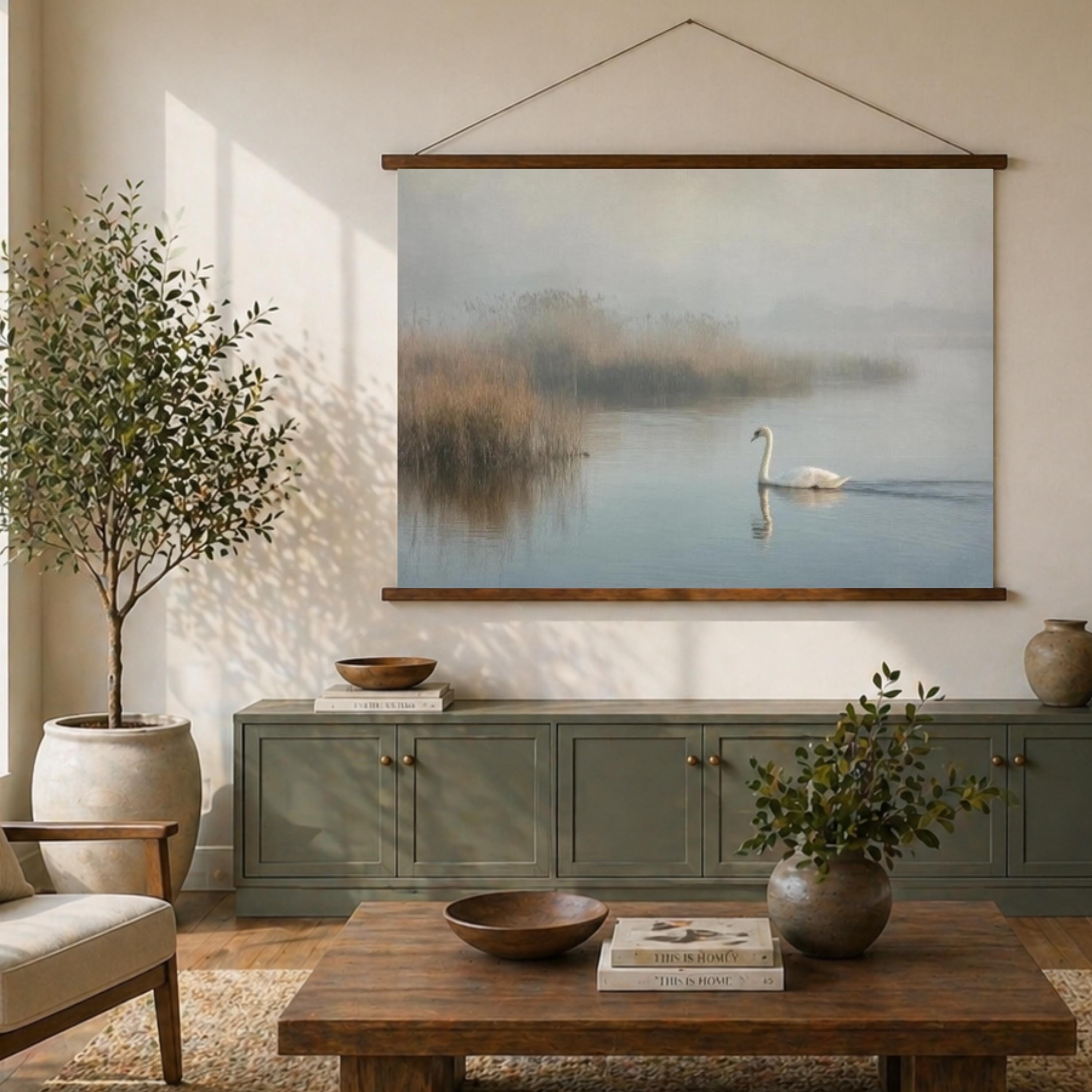Misty Lake Swan Tapestry Wall Hanging, Foggy Water Landscape Fabric Decor, Calm Nature Wall Art, Neutral Serene Room Accent
