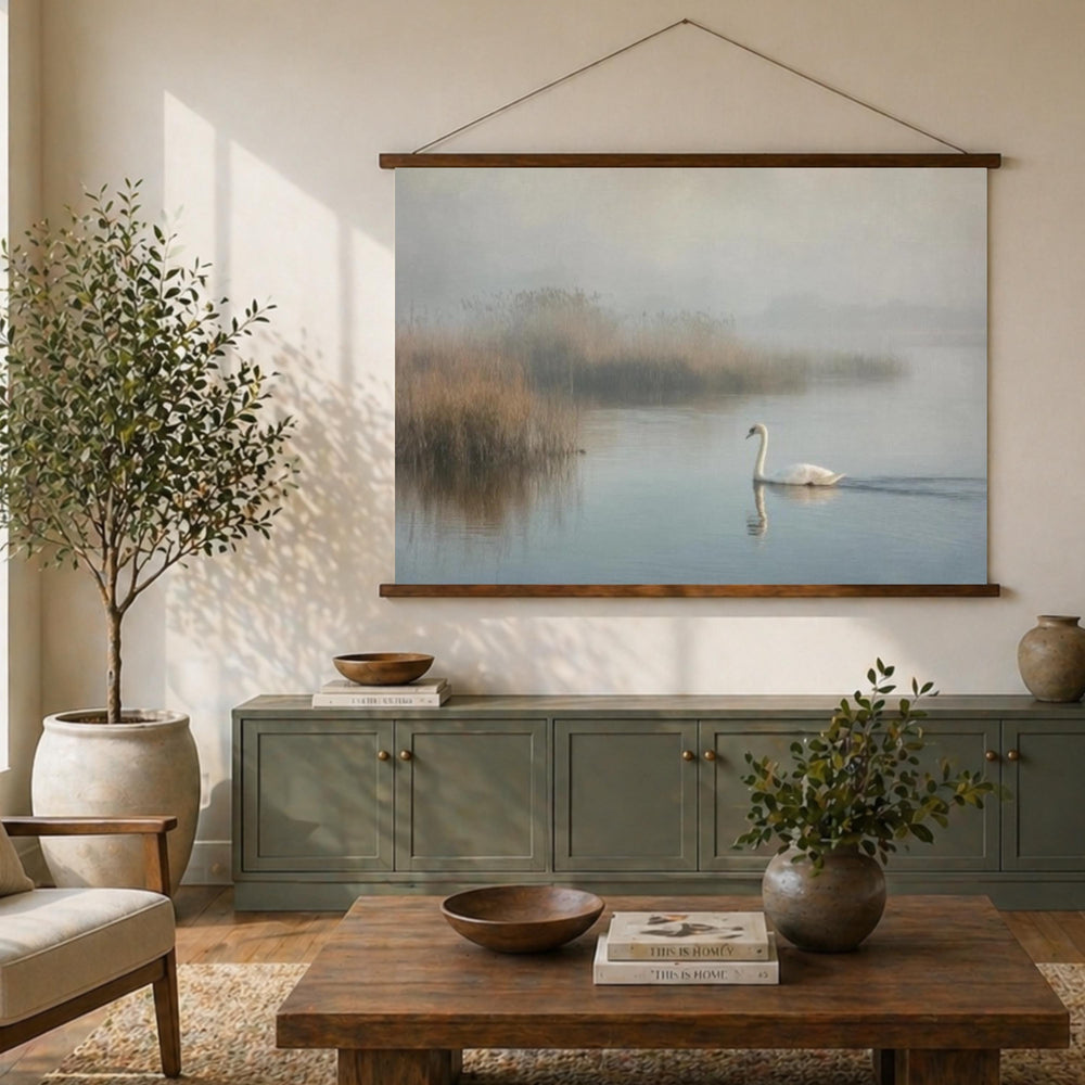 Misty Lake Swan Tapestry Wall Hanging, Foggy Water Landscape Fabric Decor, Calm Nature Wall Art, Neutral Serene Room Accent