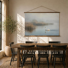Misty Lake Swan Tapestry Wall Hanging, Foggy Water Landscape Fabric Decor, Calm Nature Wall Art, Neutral Serene Room Accent