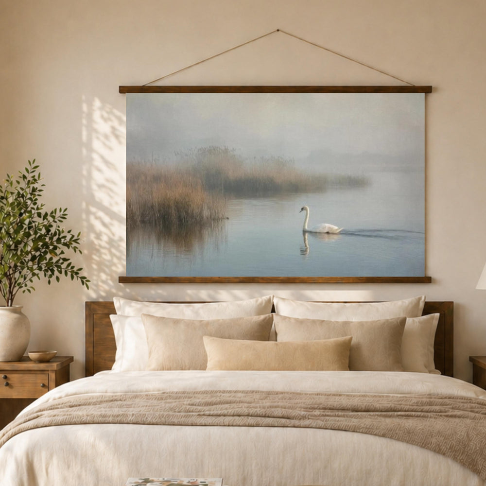 Misty Lake Swan Tapestry Wall Hanging, Foggy Water Landscape Fabric Decor, Calm Nature Wall Art, Neutral Serene Room Accent