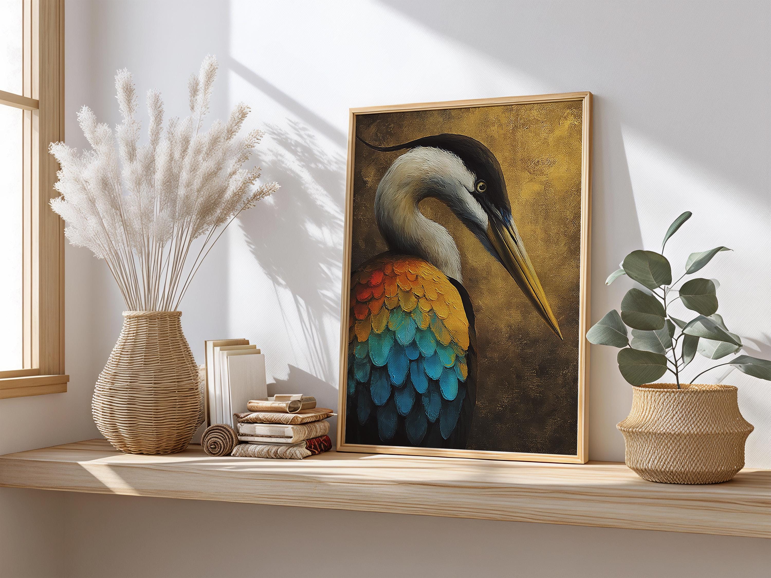 Vibrant Colors Heron Canvas Wall Art, Coastal Bird Decor, Heron Abstract Print