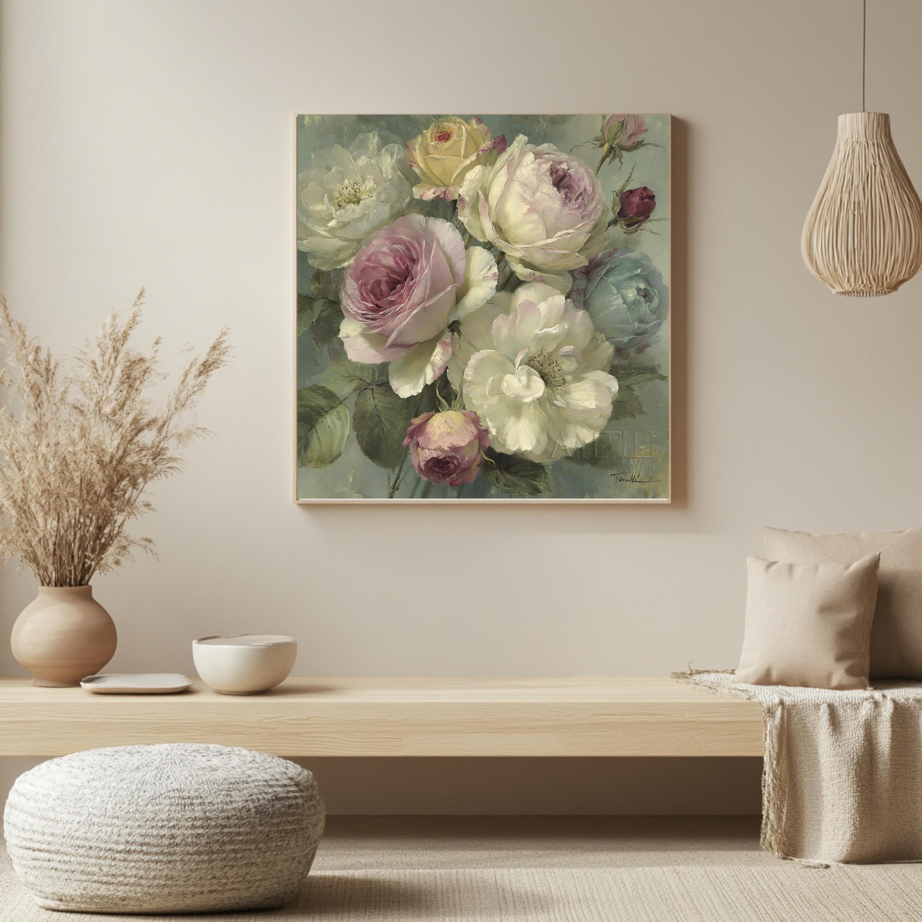 Blush Rose Bouquet Wall Art, Vintage Floral Canvas Print, Cottagecore Flower Decor, Soft Pastel Garden Artwork, French Country Home Accent