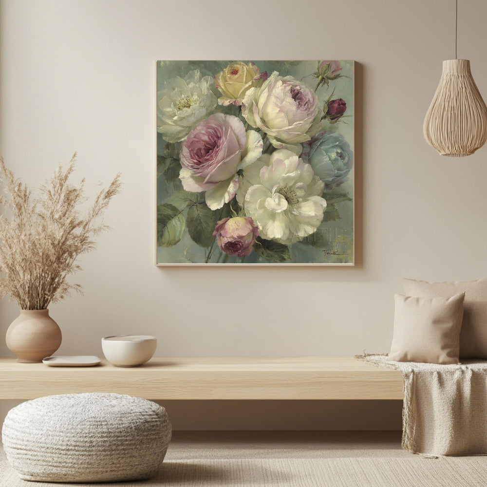 Blush Rose Bouquet Wall Art, Vintage Floral Canvas Print, Cottagecore Flower Decor, Soft Pastel Garden Artwork, French Country Home Accent