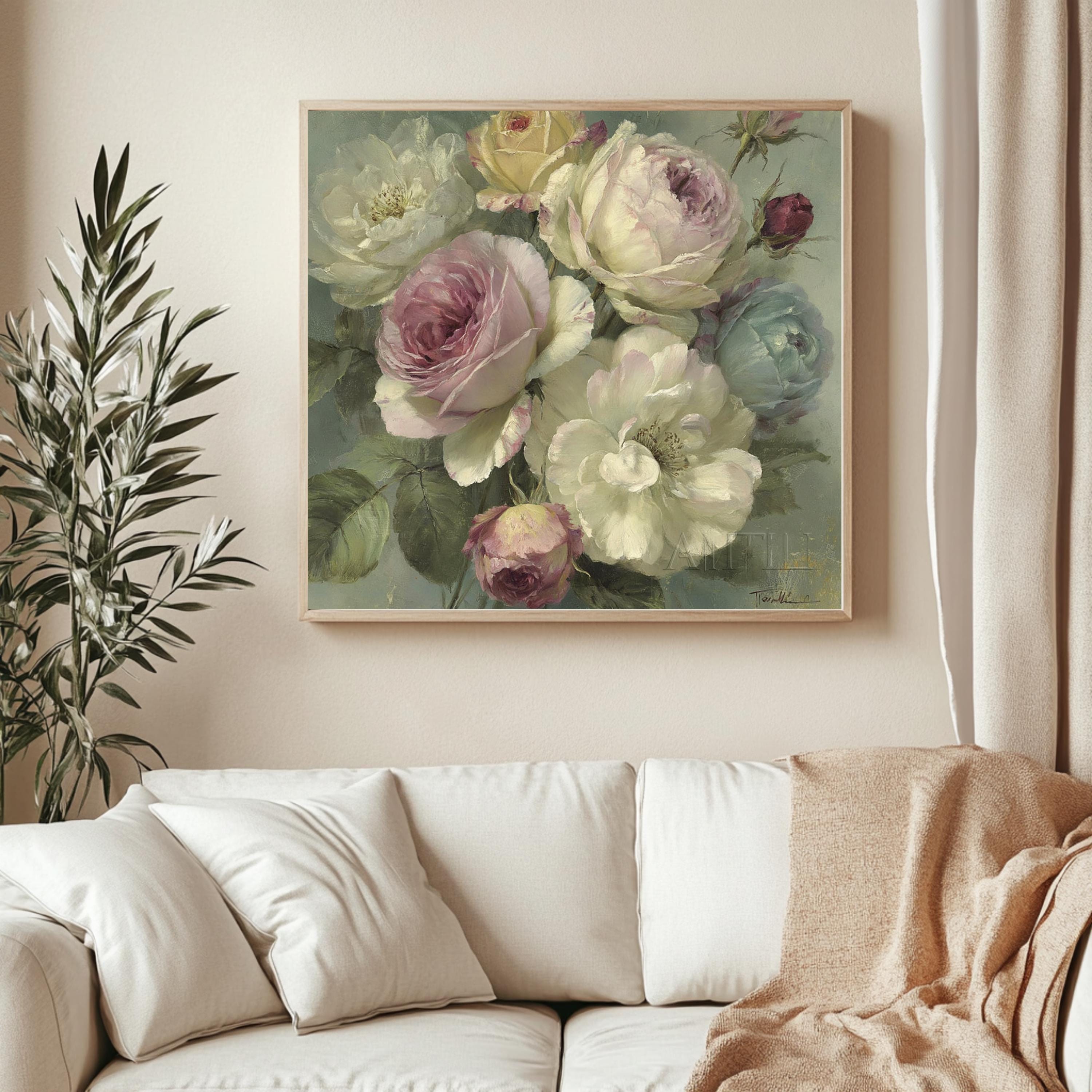 Blush Rose Bouquet Wall Art, Vintage Floral Canvas Print, Cottagecore Flower Decor, Soft Pastel Garden Artwork, French Country Home Accent