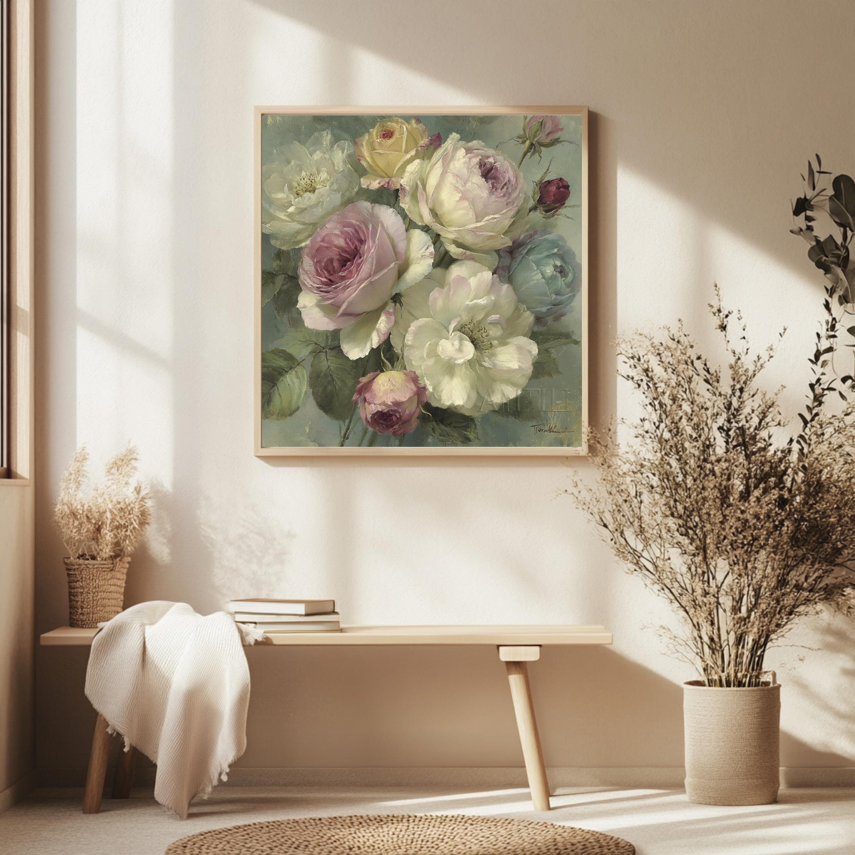 Blush Rose Bouquet Wall Art, Vintage Floral Canvas Print, Cottagecore Flower Decor, Soft Pastel Garden Artwork, French Country Home Accent