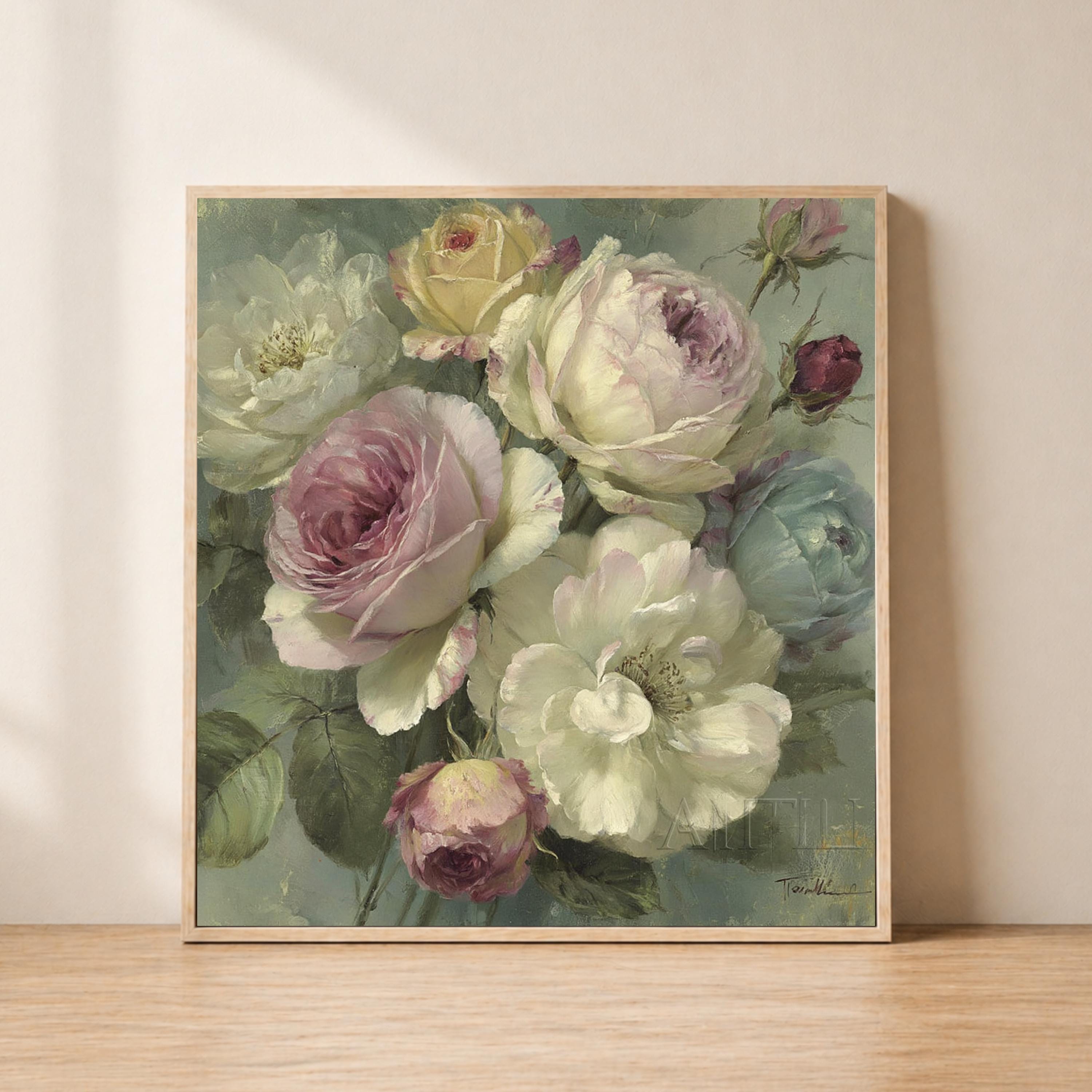 Blush Rose Bouquet Wall Art, Vintage Floral Canvas Print, Cottagecore Flower Decor, Soft Pastel Garden Artwork, French Country Home Accent