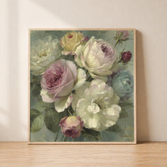 Blush Rose Bouquet Wall Art, Vintage Floral Canvas Print, Cottagecore Flower Decor, Soft Pastel Garden Artwork, French Country Home Accent