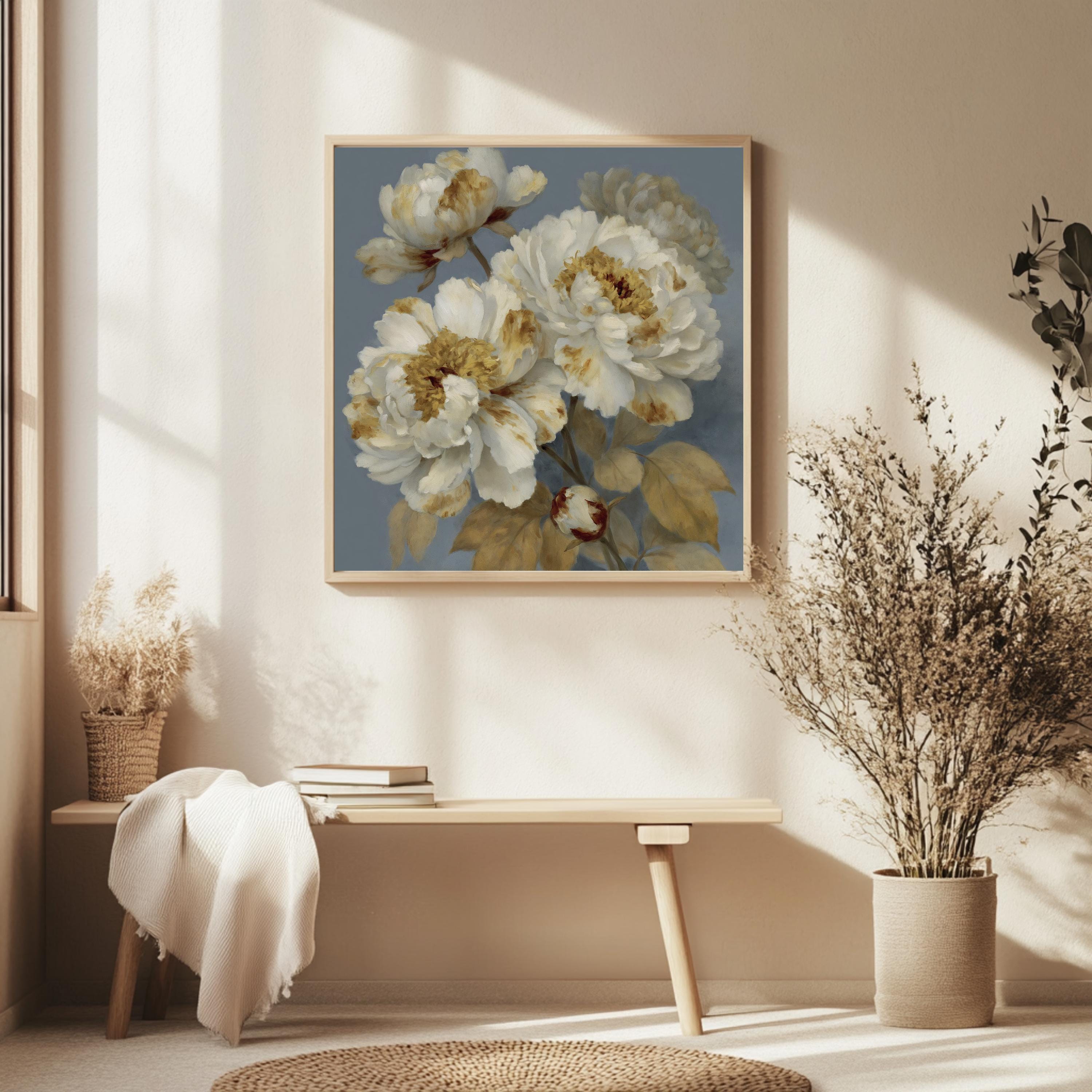Vintage Peony Wall Art, Rustic Floral Canvas Print, Cottagecore Flower Decor, Antique Botanical Artwork, French Country Home Accent