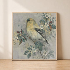 Yellow Finch Wall Art, Vintage Bird Print, Cottagecore Nature Framed Canvas, Botanical Bird Artwork, Rustic Farmhouse Home Decor