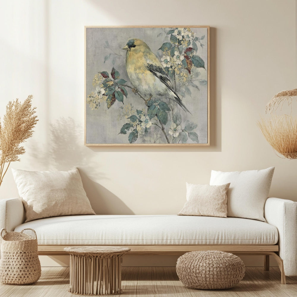 Yellow Finch Wall Art, Vintage Bird Print, Cottagecore Nature Framed Canvas, Botanical Bird Artwork, Rustic Farmhouse Home Decor