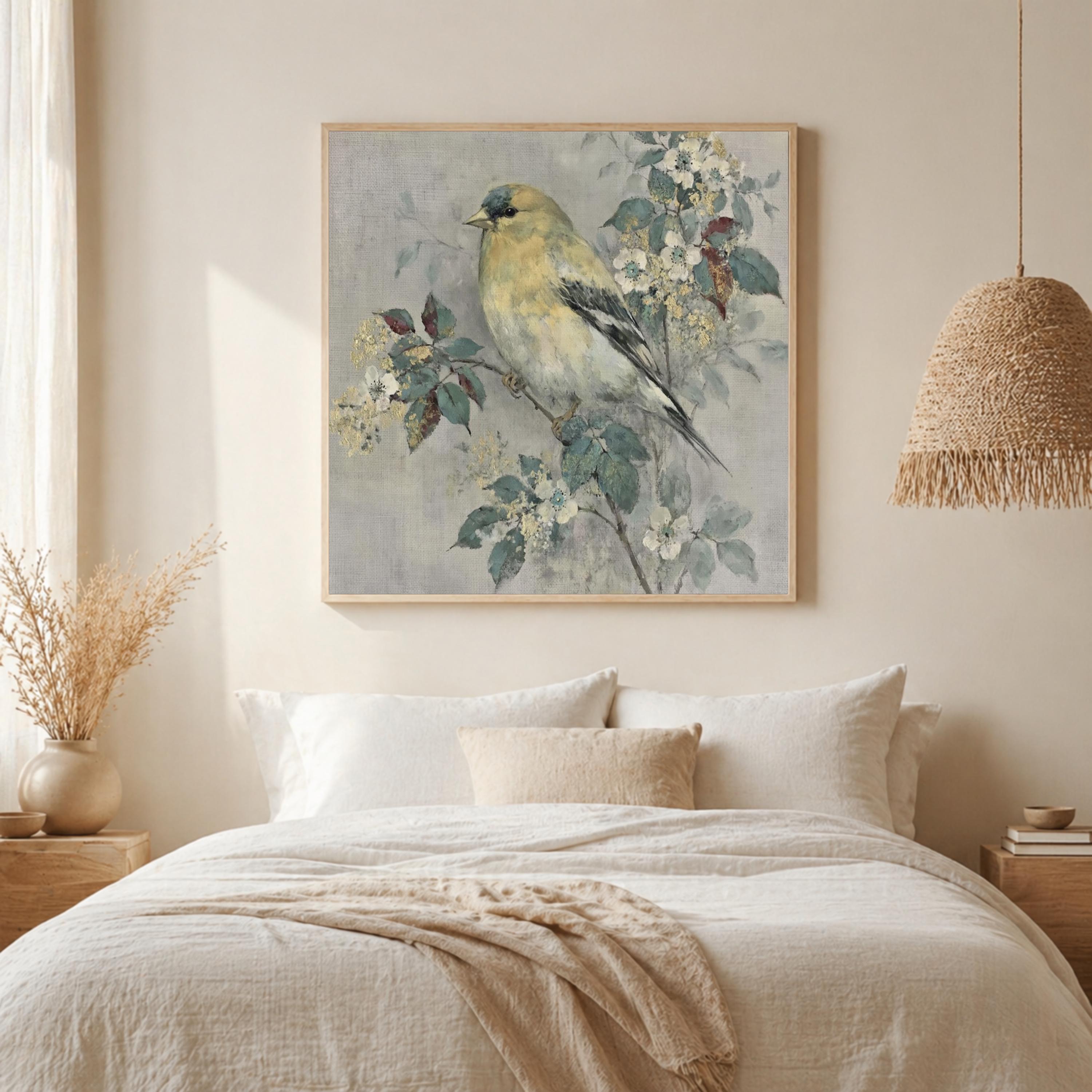 Yellow Finch Wall Art, Vintage Bird Print, Cottagecore Nature Framed Canvas, Botanical Bird Artwork, Rustic Farmhouse Home Decor