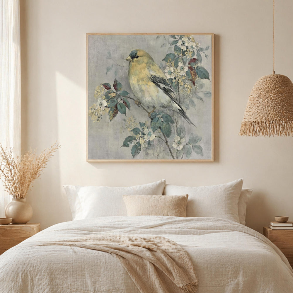 Yellow Finch Wall Art, Vintage Bird Print, Cottagecore Nature Framed Canvas, Botanical Bird Artwork, Rustic Farmhouse Home Decor
