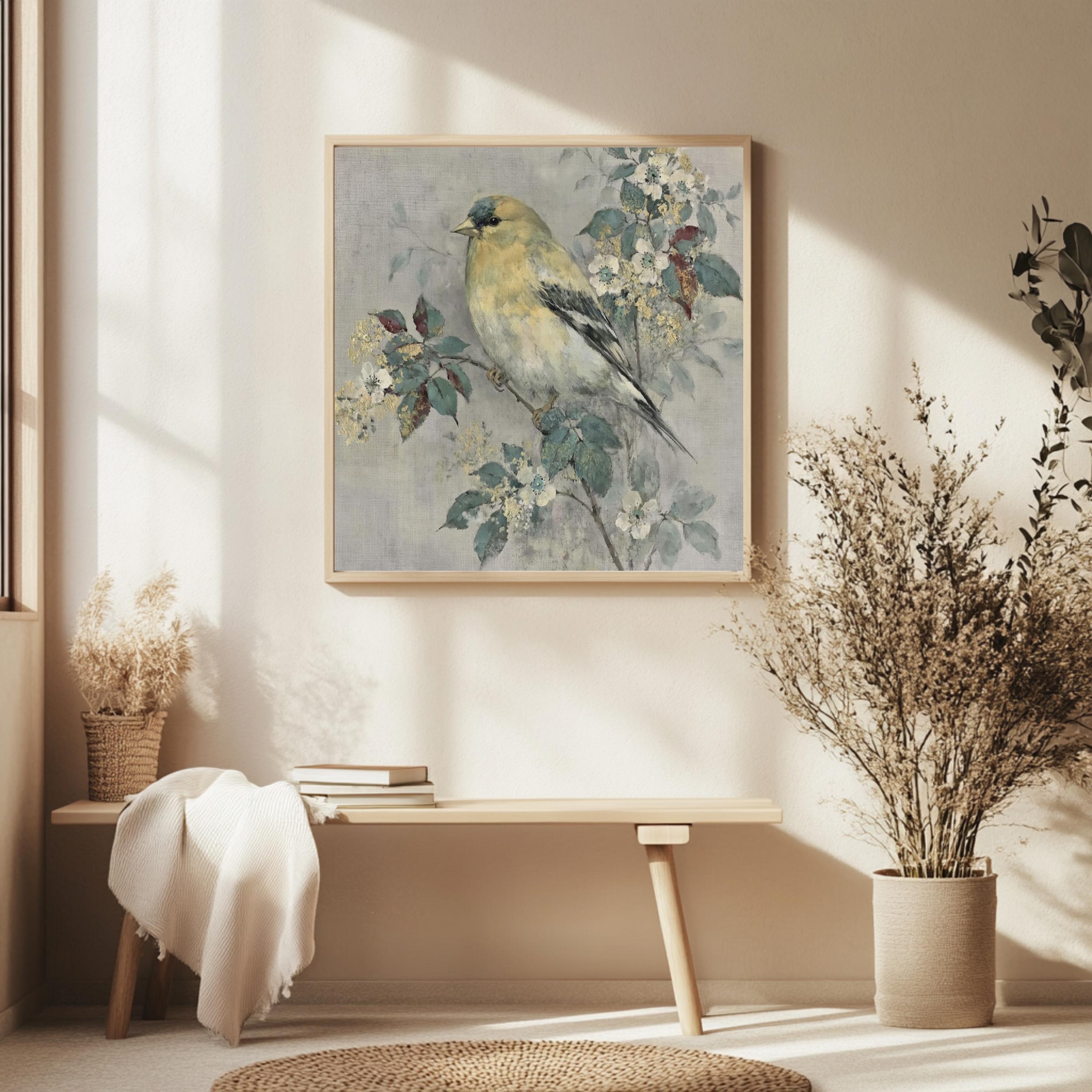 Yellow Finch Wall Art, Vintage Bird Print, Cottagecore Nature Framed Canvas, Botanical Bird Artwork, Rustic Farmhouse Home Decor