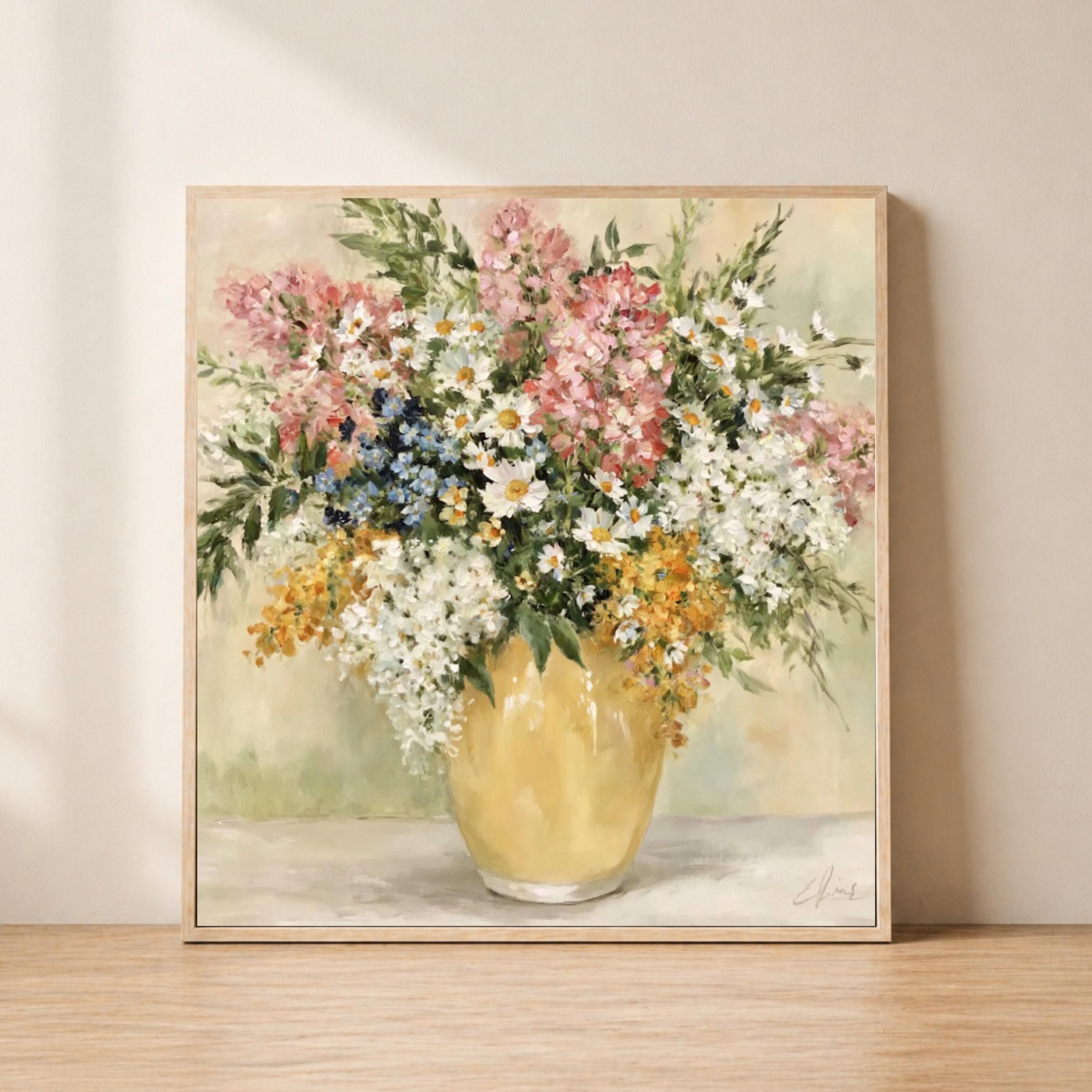 Wildflower Vase Wall Art, Impressionist Floral Still Life Print, Cottagecore Decor, Rustic Garden Bouquet Artwork, Vintage Flower Canvas
