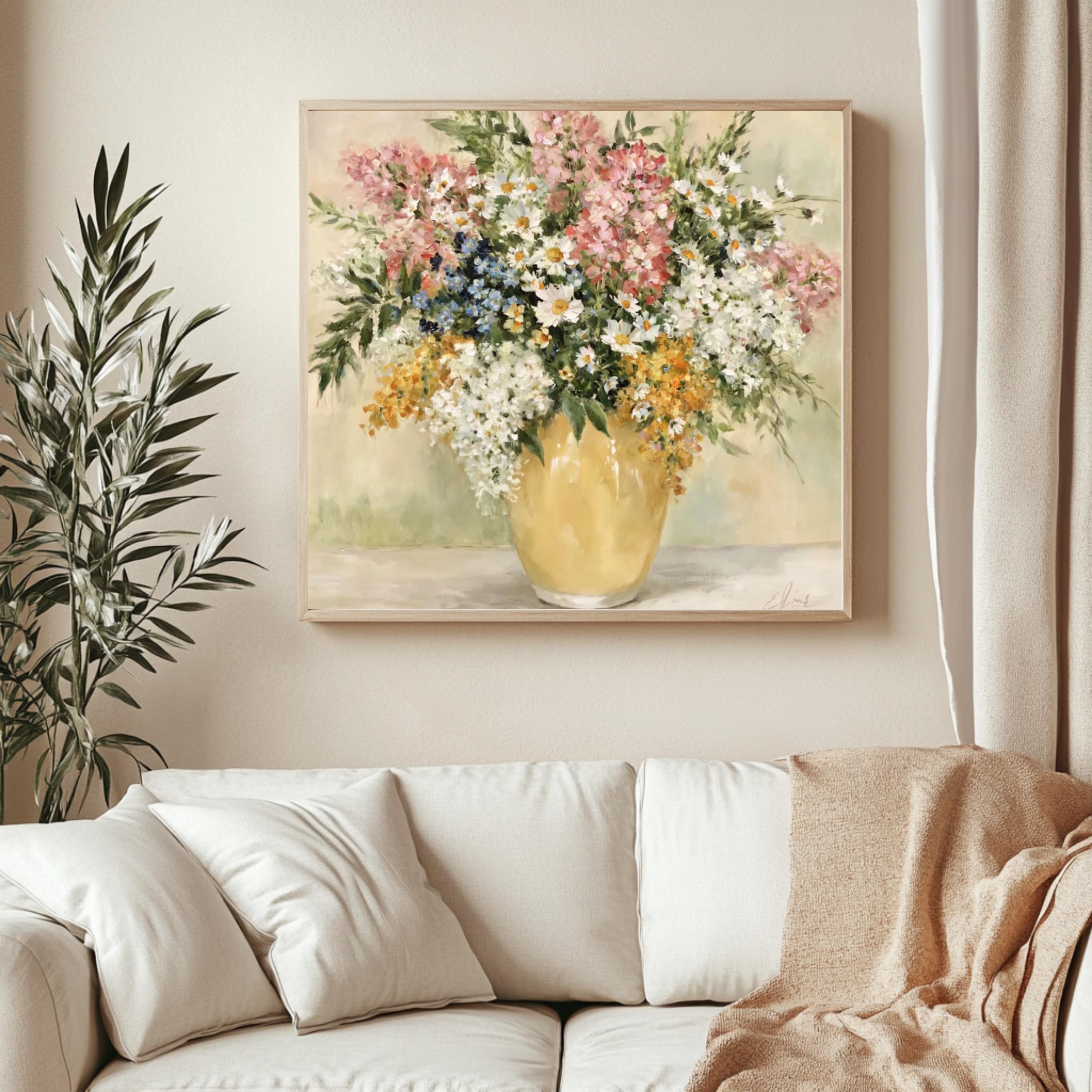 Wildflower Vase Wall Art, Impressionist Floral Still Life Print, Cottagecore Decor, Rustic Garden Bouquet Artwork, Vintage Flower Canvas