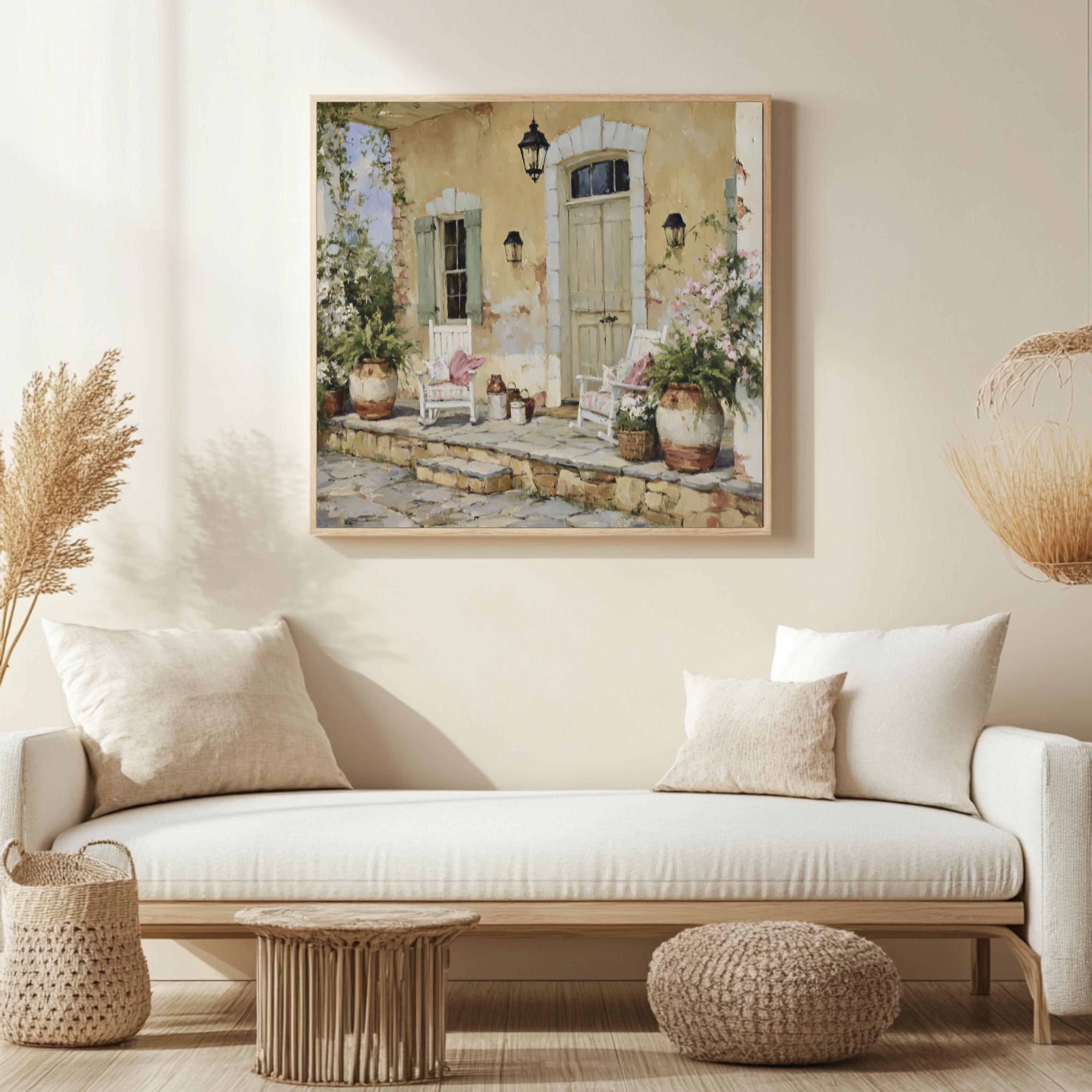 French Country Porch Wall Art, Rustic Cottage Print, Farmhouse Patio Decor, Vintage Home Exterior Canvas, Cozy Cottage Artwork