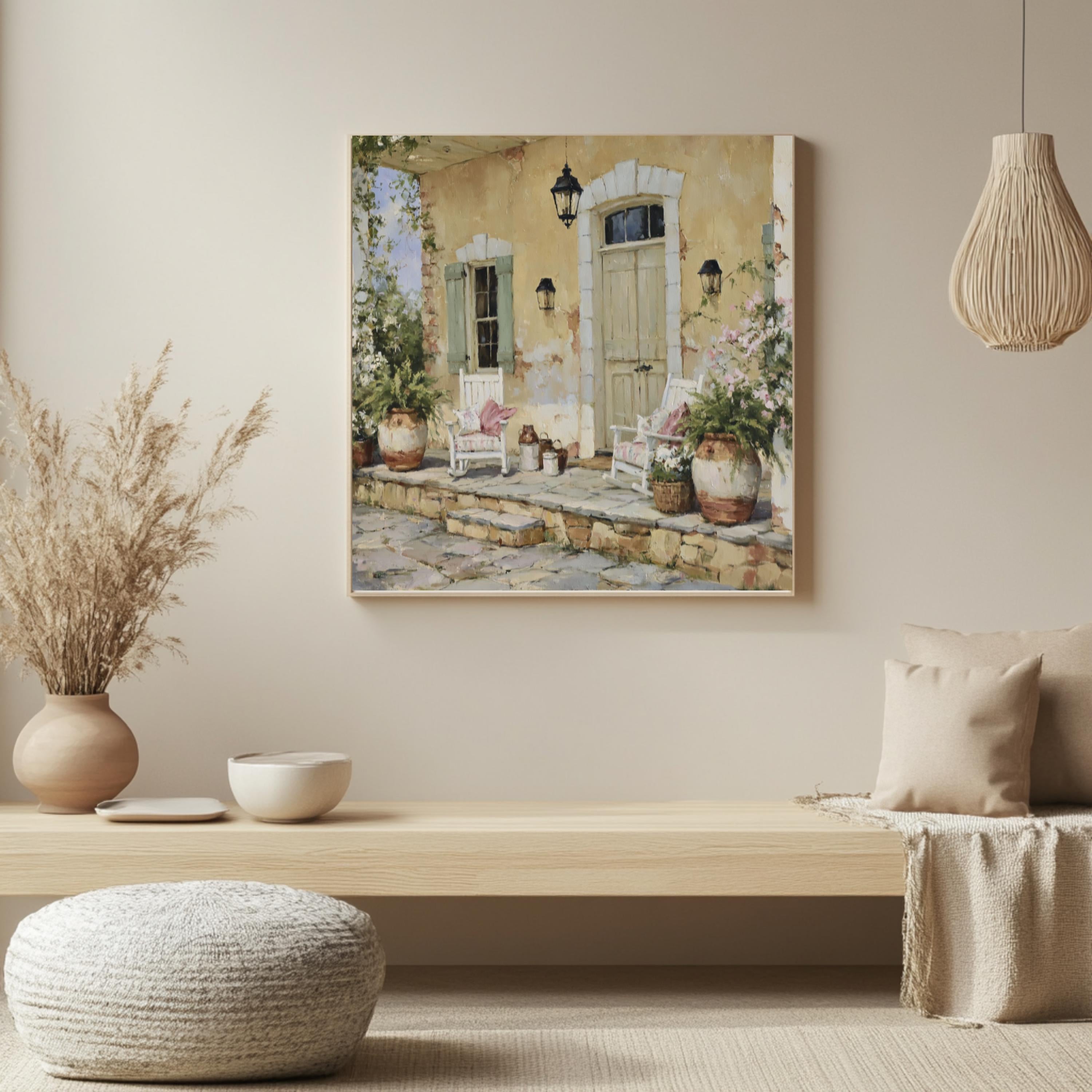 French Country Porch Wall Art, Rustic Cottage Print, Farmhouse Patio Decor, Vintage Home Exterior Canvas, Cozy Cottage Artwork