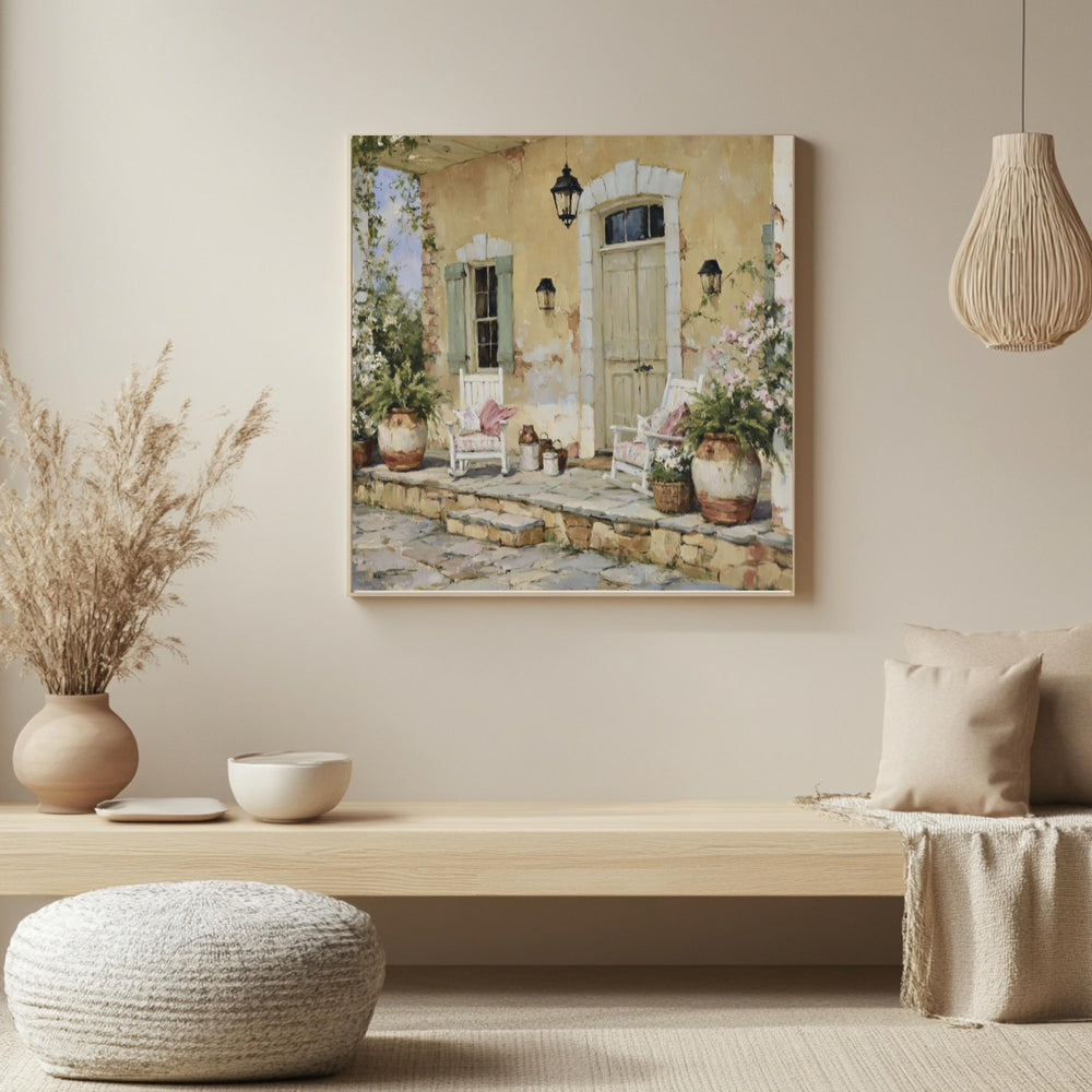 French Country Porch Wall Art, Rustic Cottage Print, Farmhouse Patio Decor, Vintage Home Exterior Canvas, Cozy Cottage Artwork