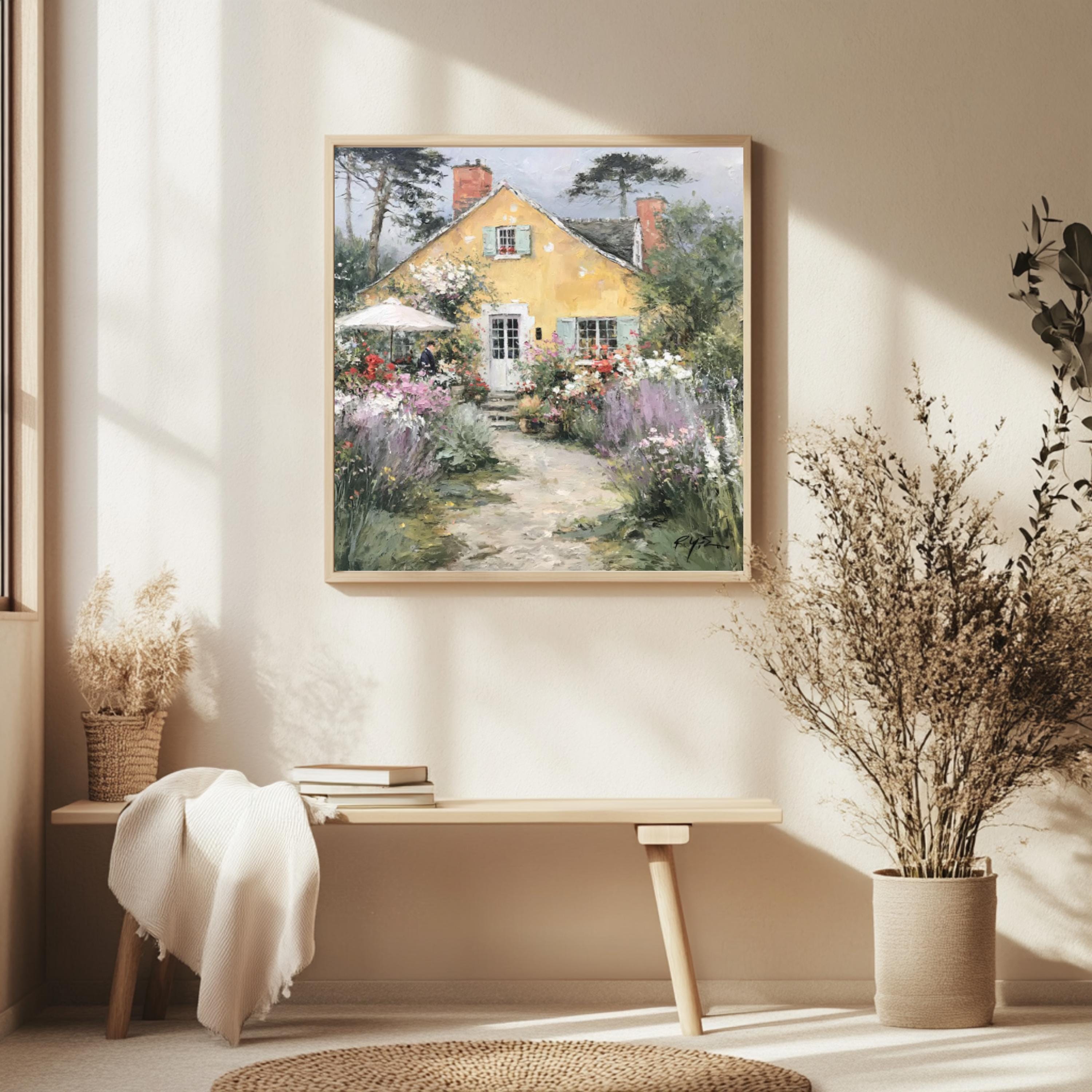 Yellow Cottage Garden Wall Art, Cottagecore Landscape Artwork Print, English Cottage Decor, Floral Countryside Canvas, Rustic Home Accent