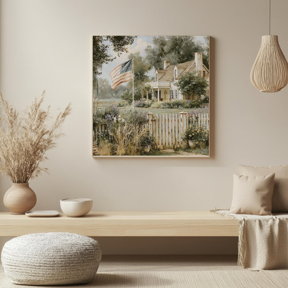 American Farmhouse Wall Art, Rustic Country Home Print, Patriotic Farm Decor, Vintage Landscape Canvas, Cottagecore Country Artwork