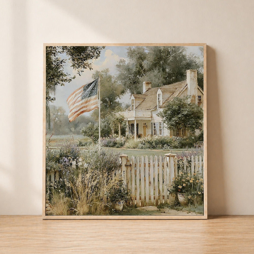 American Farmhouse Wall Art, Rustic Country Home Print, Patriotic Farm Decor, Vintage Landscape Canvas, Cottagecore Country Artwork