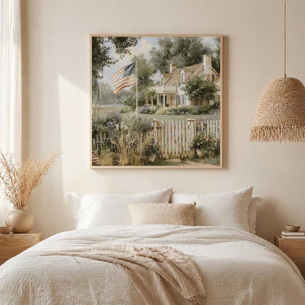 American Farmhouse Wall Art, Rustic Country Home Print, Patriotic Farm Decor, Vintage Landscape Canvas, Cottagecore Country Artwork