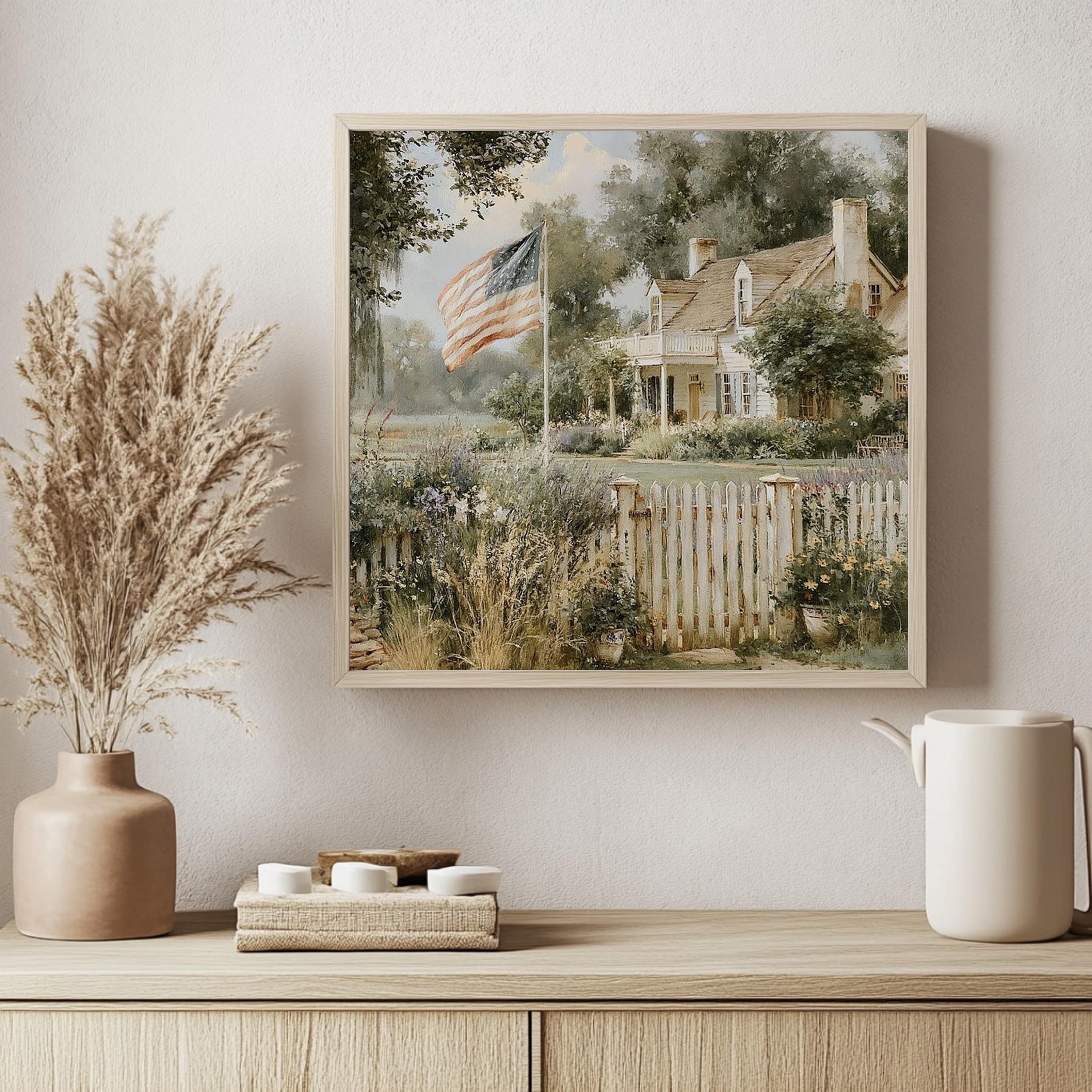 American Farmhouse Wall Art, Rustic Country Home Print, Patriotic Farm Decor, Vintage Landscape Canvas, Cottagecore Country Artwork
