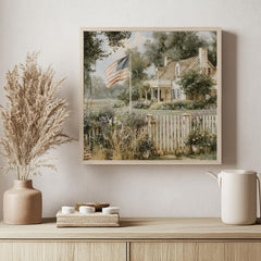 American Farmhouse Wall Art, Rustic Country Home Print, Patriotic Farm Decor, Vintage Landscape Canvas, Cottagecore Country Artwork