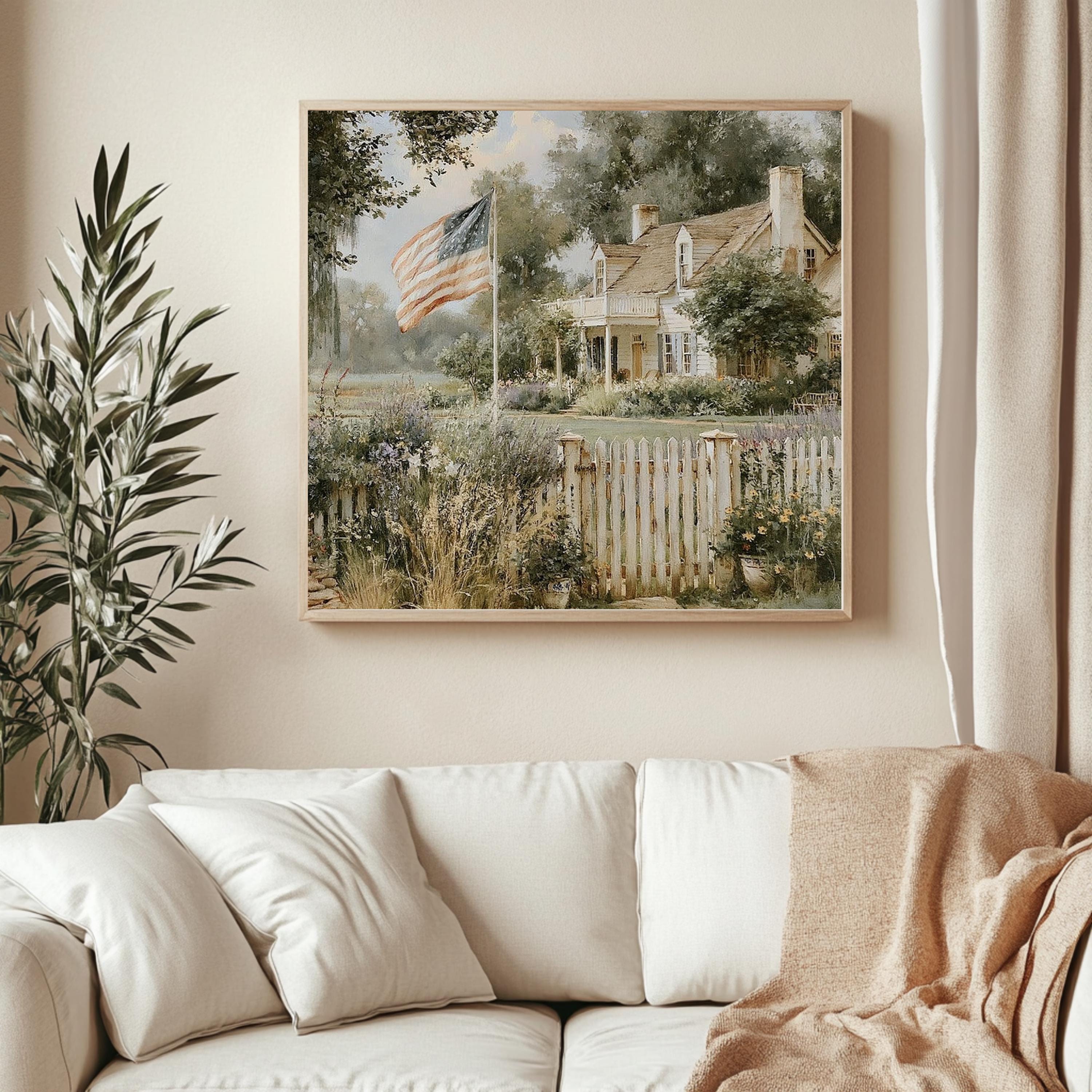 American Farmhouse Wall Art, Rustic Country Home Print, Patriotic Farm Decor, Vintage Landscape Canvas, Cottagecore Country Artwork