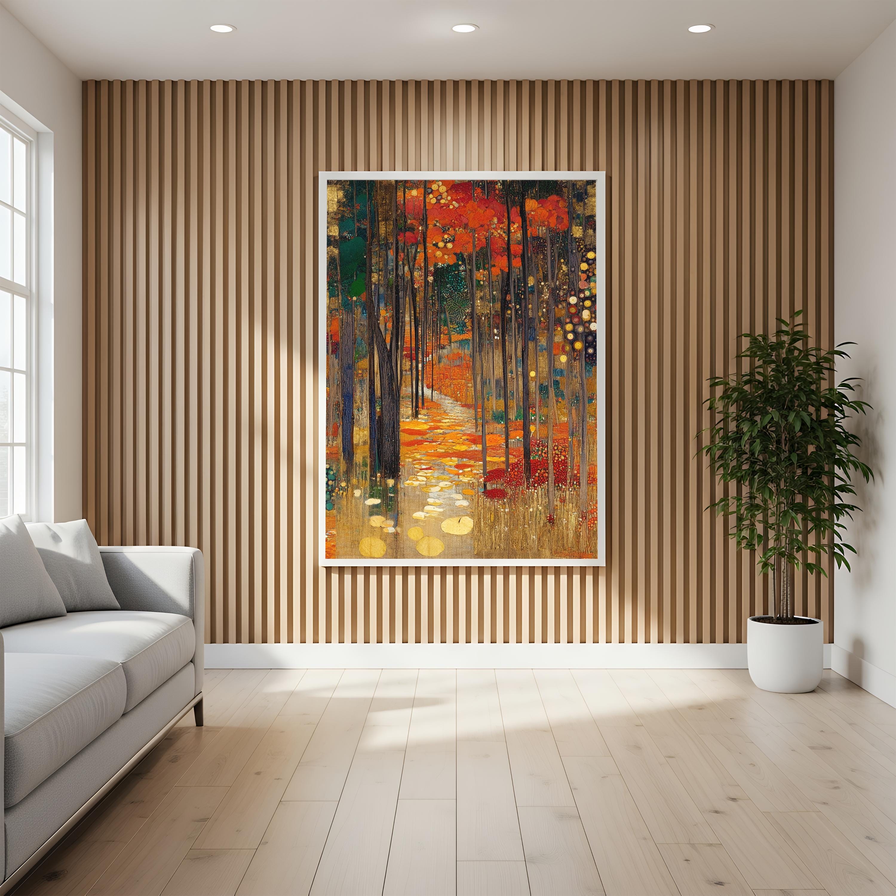 Woodland Path Framed Canvas Print, Gustav Klimt Inspired Enchanted Forest Wall Art, Moody Autumn Landscape Artwork, Rustic Nature Decor