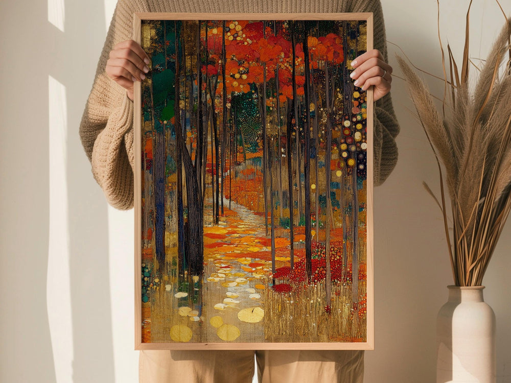 Woodland Path Framed Canvas Print, Gustav Klimt Inspired Enchanted Forest Wall Art, Moody Autumn Landscape Artwork, Rustic Nature Decor