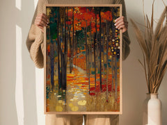 Woodland Path Framed Canvas Print, Gustav Klimt Inspired Enchanted Forest Wall Art, Moody Autumn Landscape Artwork, Rustic Nature Decor