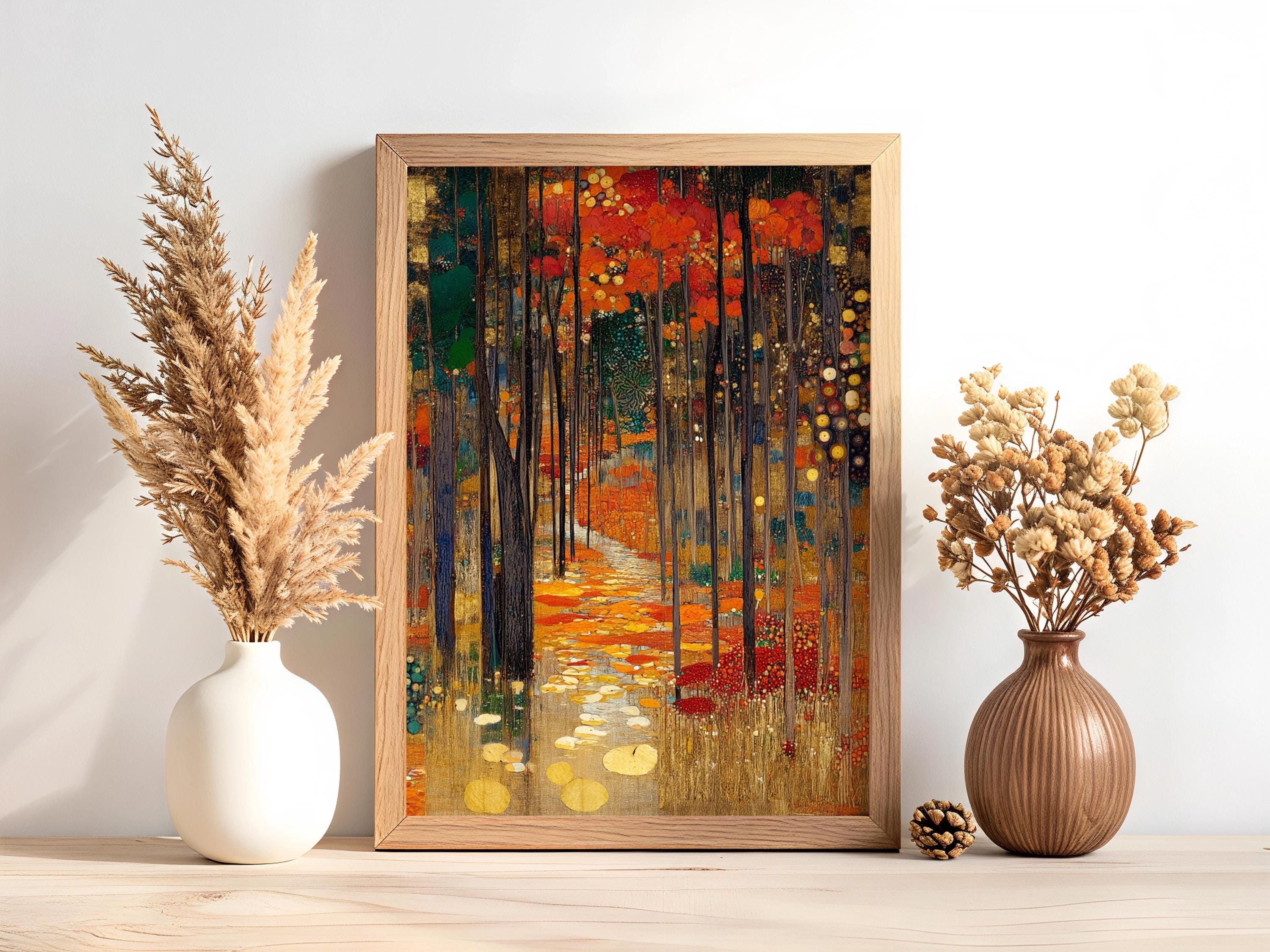 Woodland Path Framed Canvas Print, Gustav Klimt Inspired Enchanted Forest Wall Art, Moody Autumn Landscape Artwork, Rustic Nature Decor