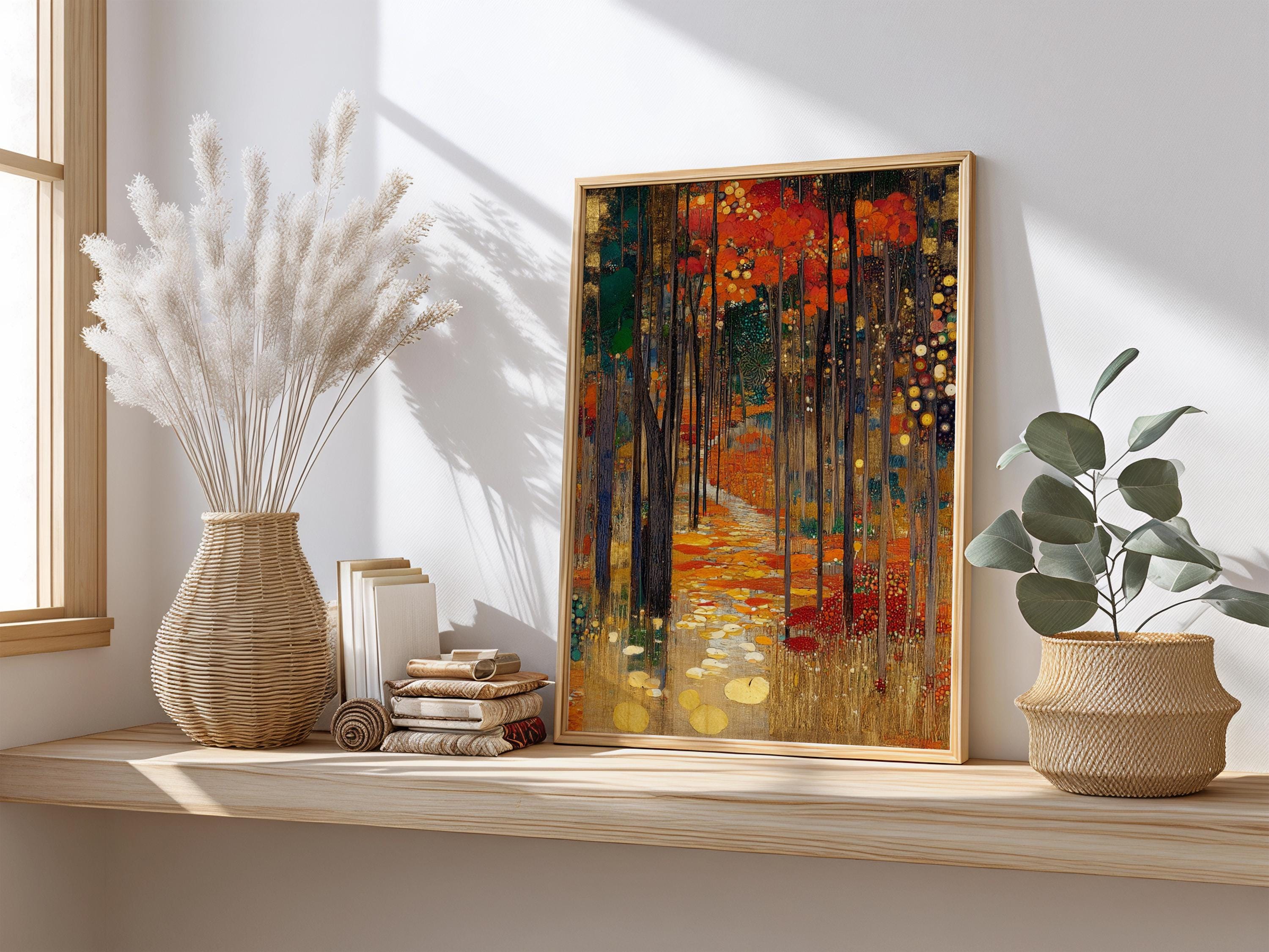 Woodland Path Framed Canvas Print, Gustav Klimt Inspired Enchanted Forest Wall Art, Moody Autumn Landscape Artwork, Rustic Nature Decor