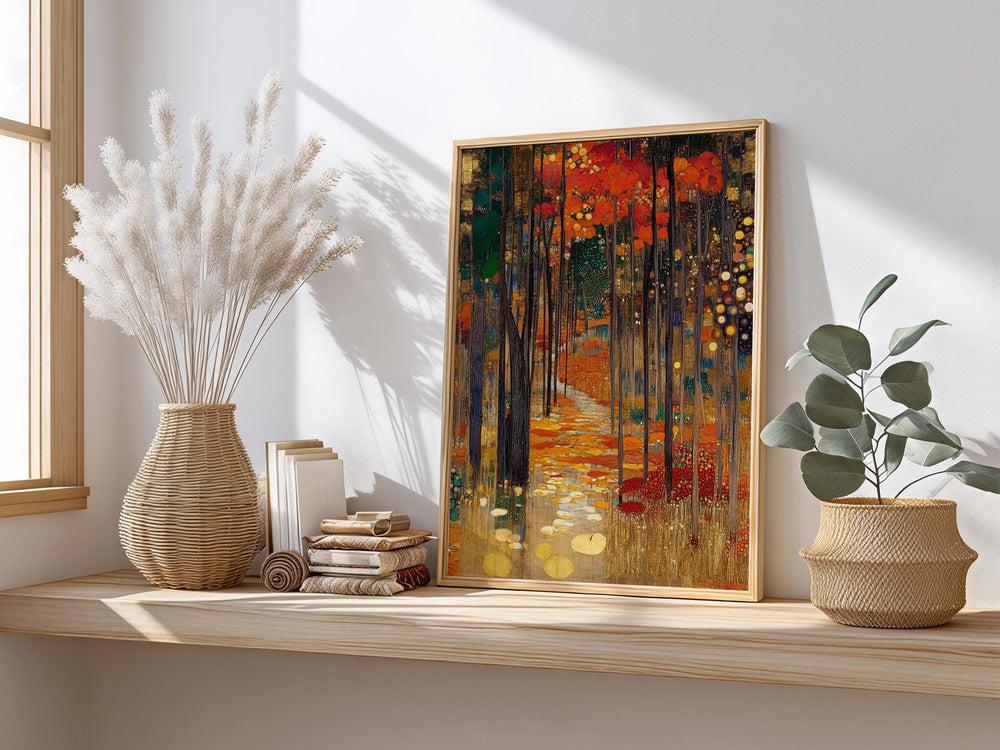 Woodland Path Framed Canvas Print, Gustav Klimt Inspired Enchanted Forest Wall Art, Moody Autumn Landscape Artwork, Rustic Nature Decor