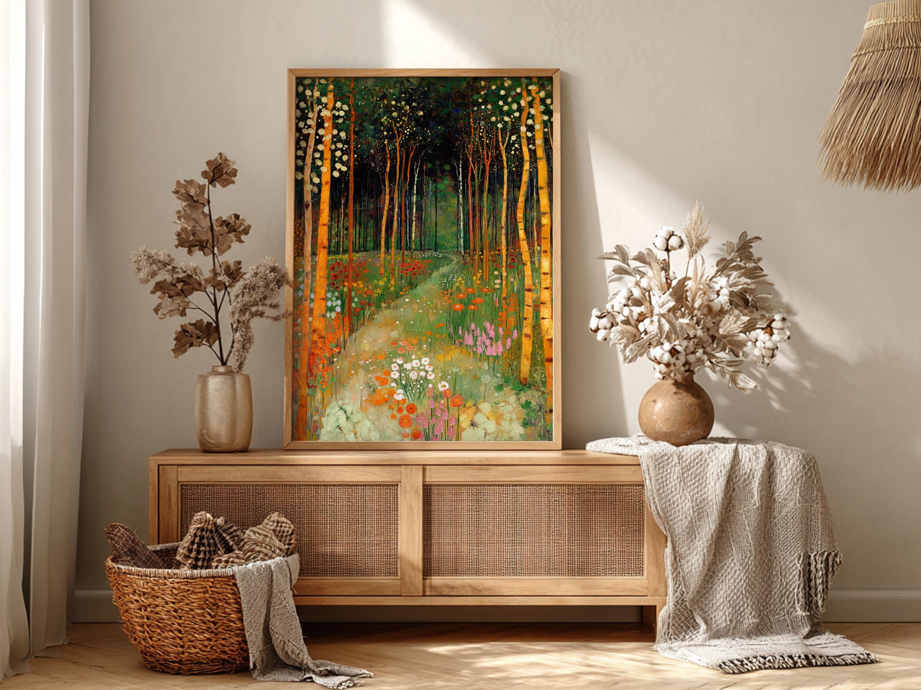 Forest Garden Wall Decor, Woodland Path Framed Canvas, Botanical Nature Landscape Artwork, Cottagecore Home Accent